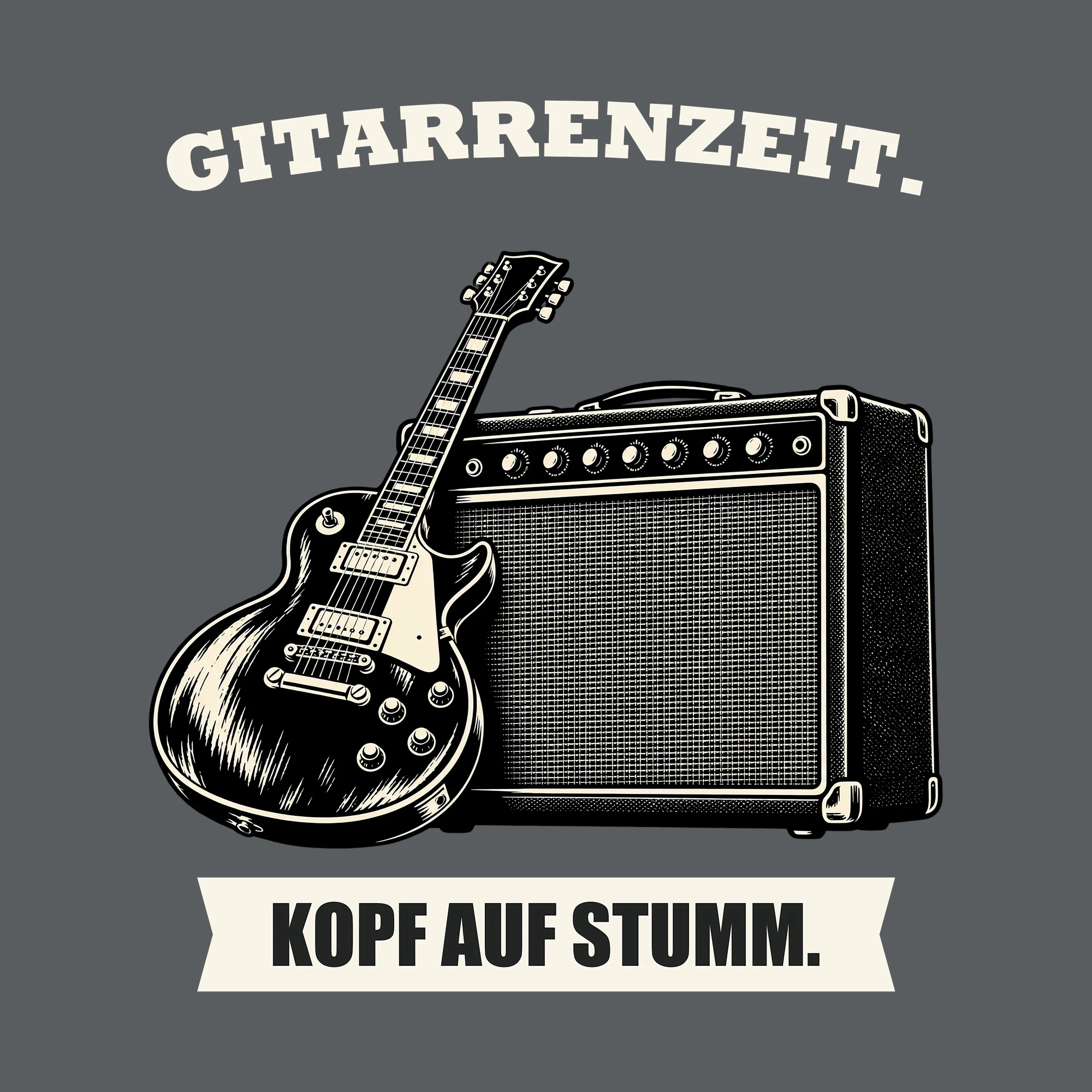 Bügelbild GITARRENZEIT. KOPF AUF STUMM. als Grafik auf dunklem Hintergrund (BB012789)