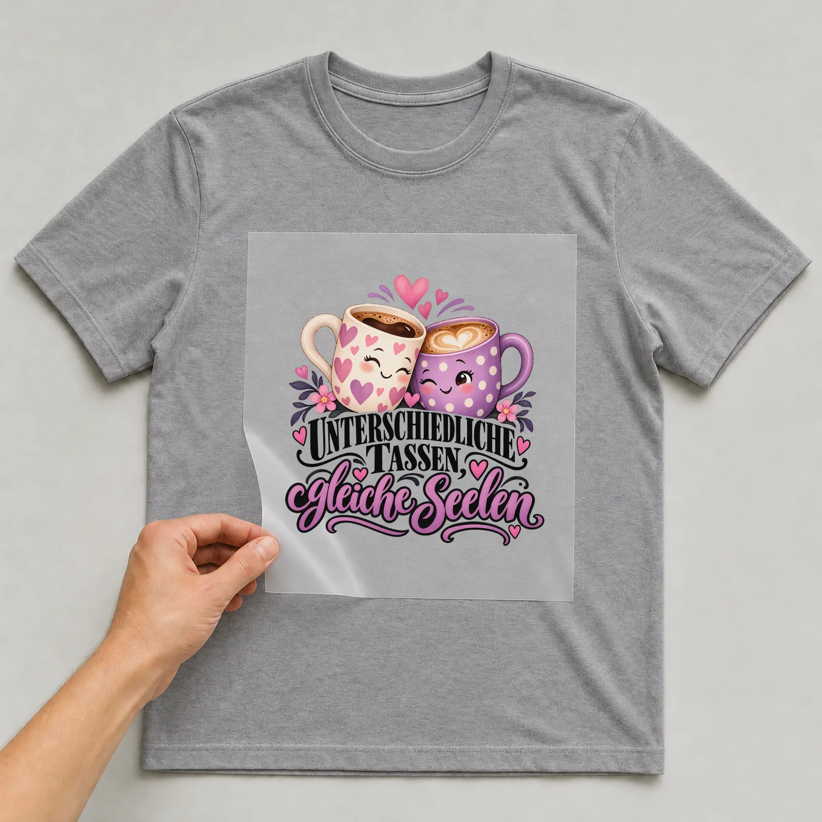 Bügelbild „Unterschiedliche Tassen, Gleiche Seelen“ auf grauem T-Shirt, Folie wird aufgelegt