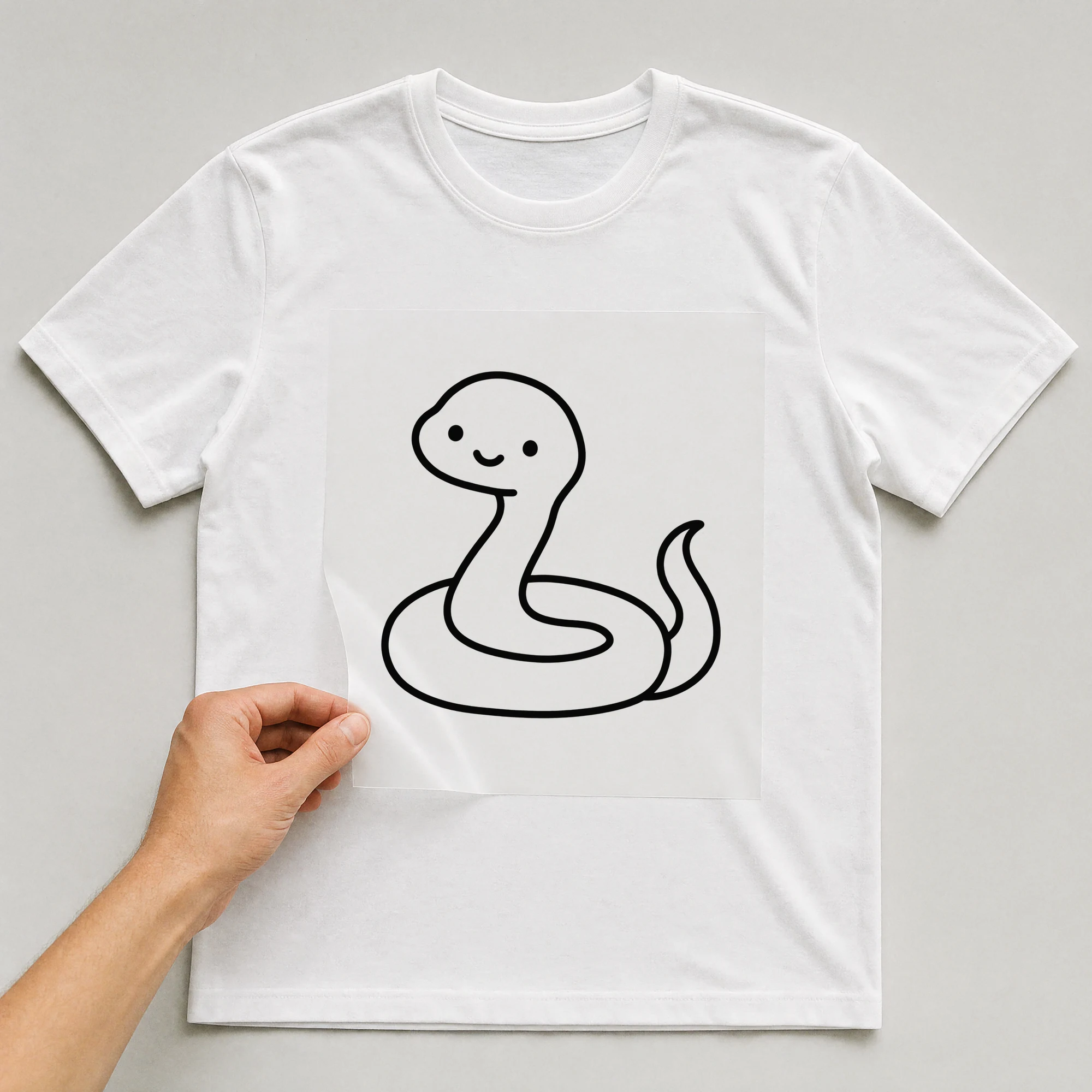 Bügelbild „Kinder Comic - Schlange“ auf weißem T-Shirt, Folie wird aufgelegt