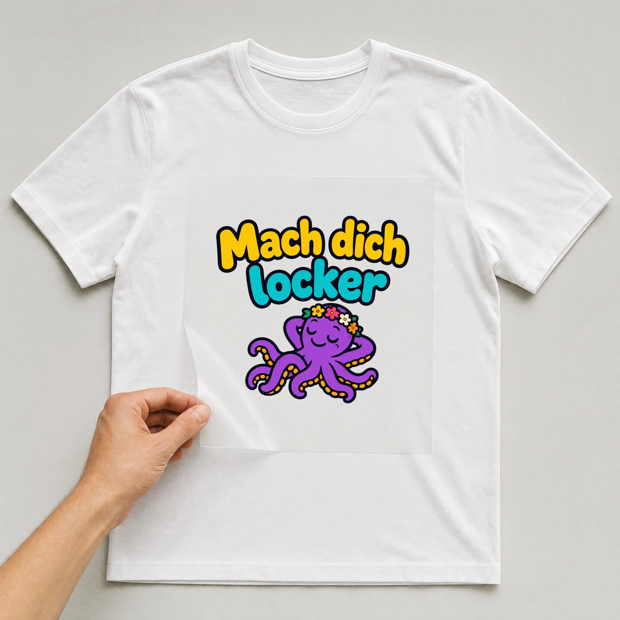 Bügelbild „Mach dich locker“ auf weißem T-Shirt, Folie wird aufgelegt