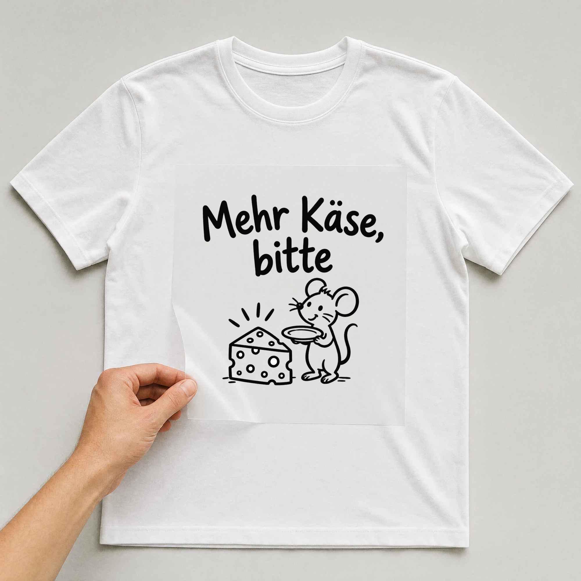 Bügelbild „Mehr Käse, bitte“ auf weißem T-Shirt, Folie wird aufgelegt