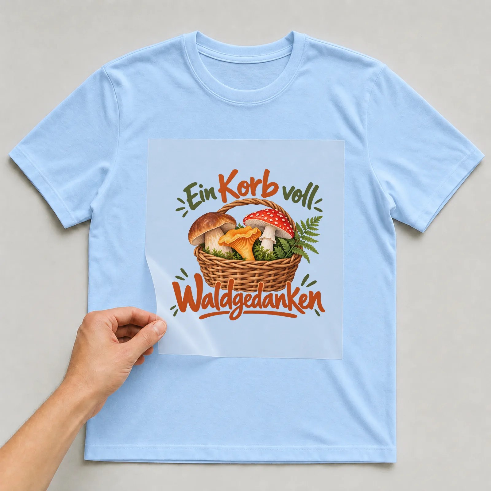 Bügelbild „Ein Korb voll Waldgedanken“ auf hellblauem T-Shirt, Folie wird aufgelegt
