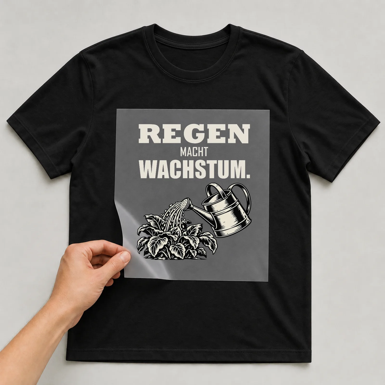 Bügelbild „Regen macht Wachstum“ auf schwarzem T-Shirt, Folie wird aufgelegt