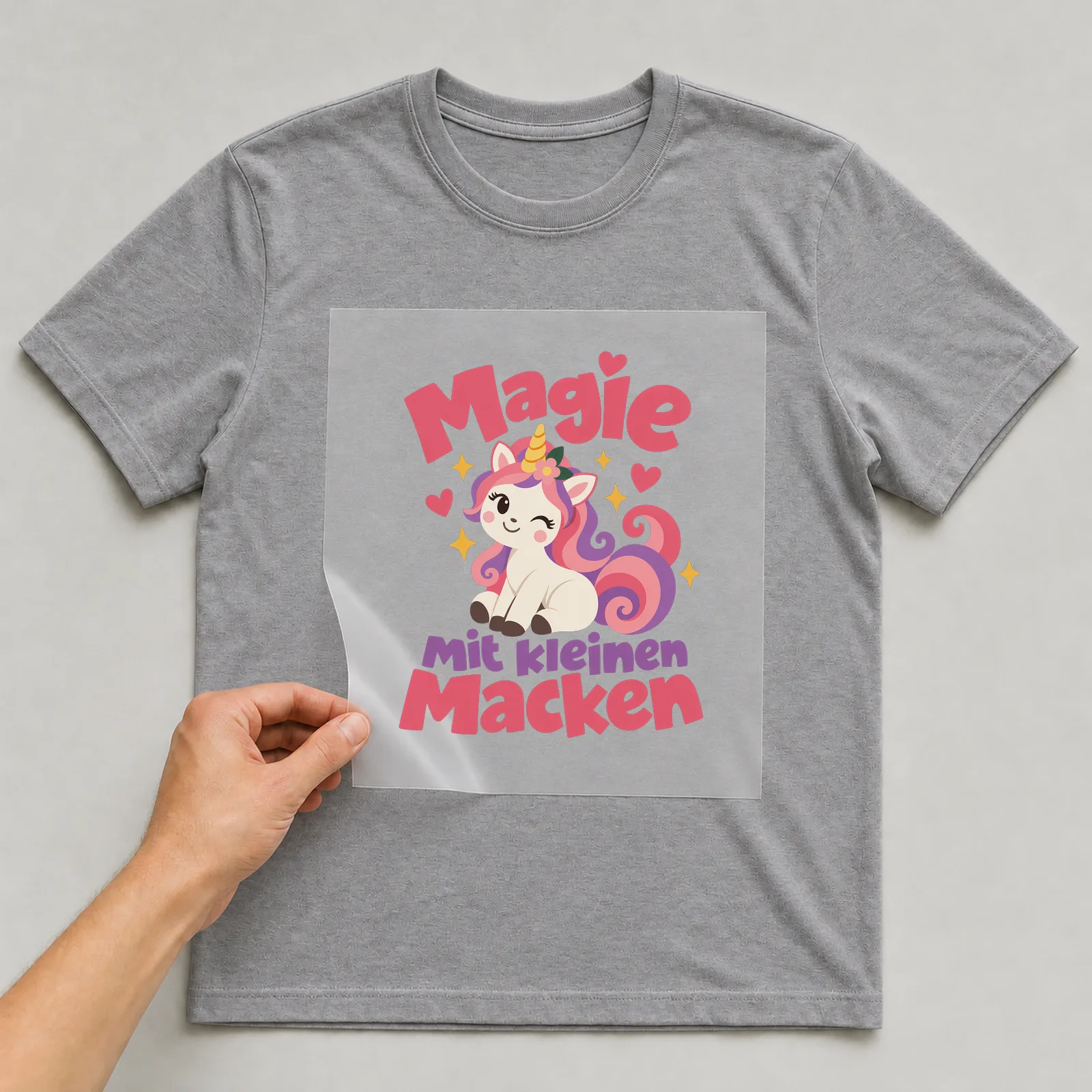 Bügelbild „Magie mit kleinen Macken“ auf grauem T-Shirt, Folie wird aufgelegt