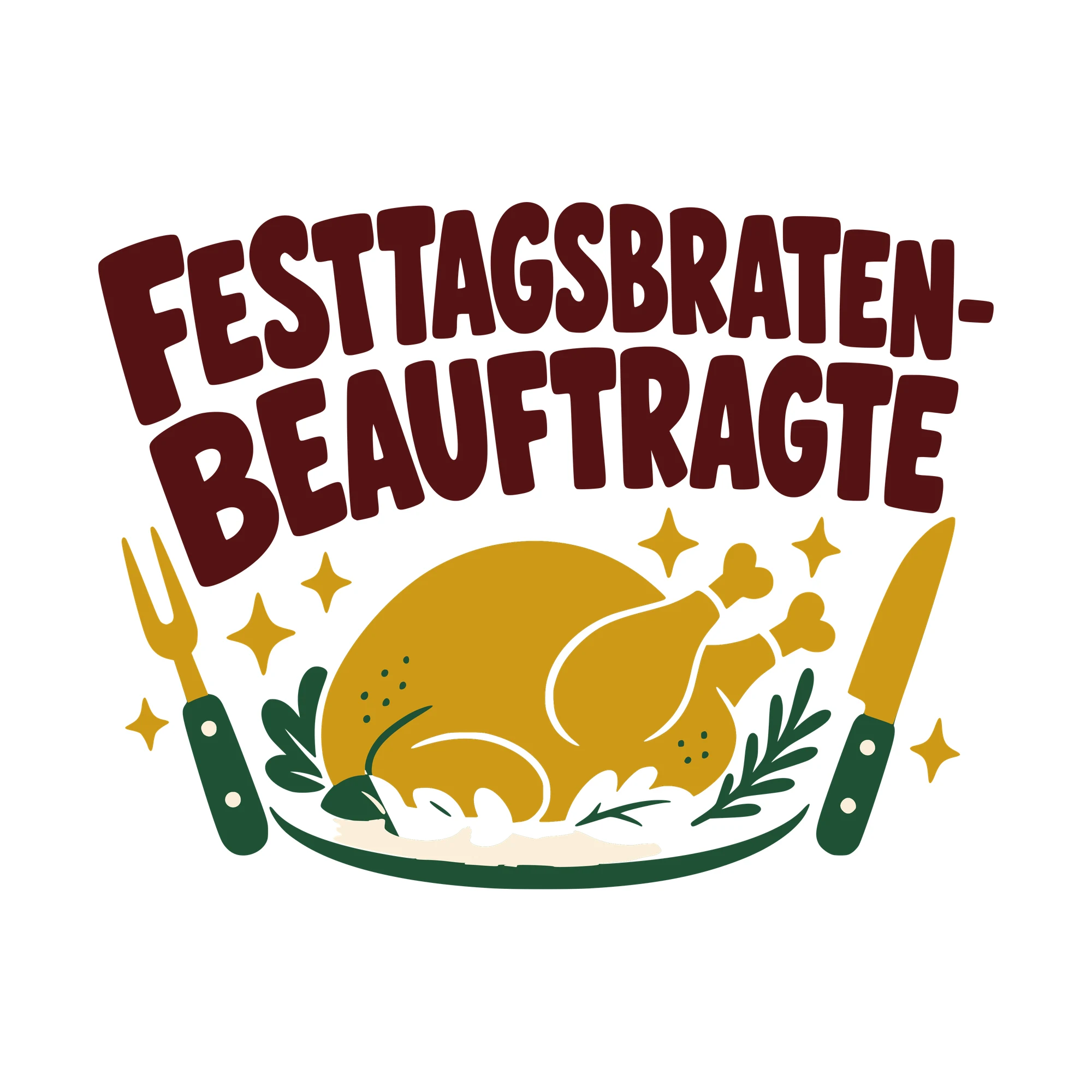 Bügelbild Festtagsbraten-Beauftragte als Grafik auf weißem Hintergrund (BB010377)