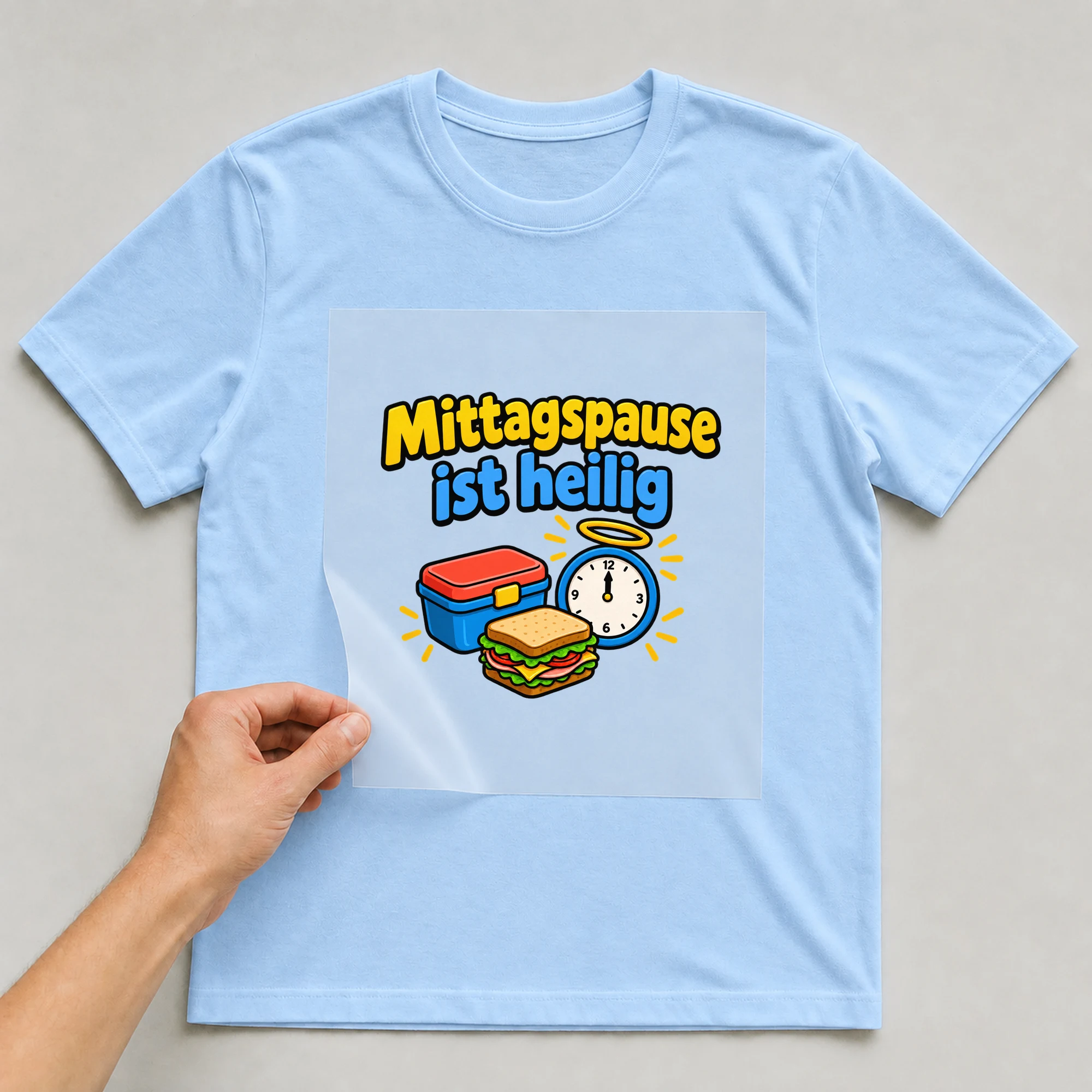 Bügelbild „Mittagspause ist heilig“ auf babyblauem T-Shirt, Folie wird aufgelegt