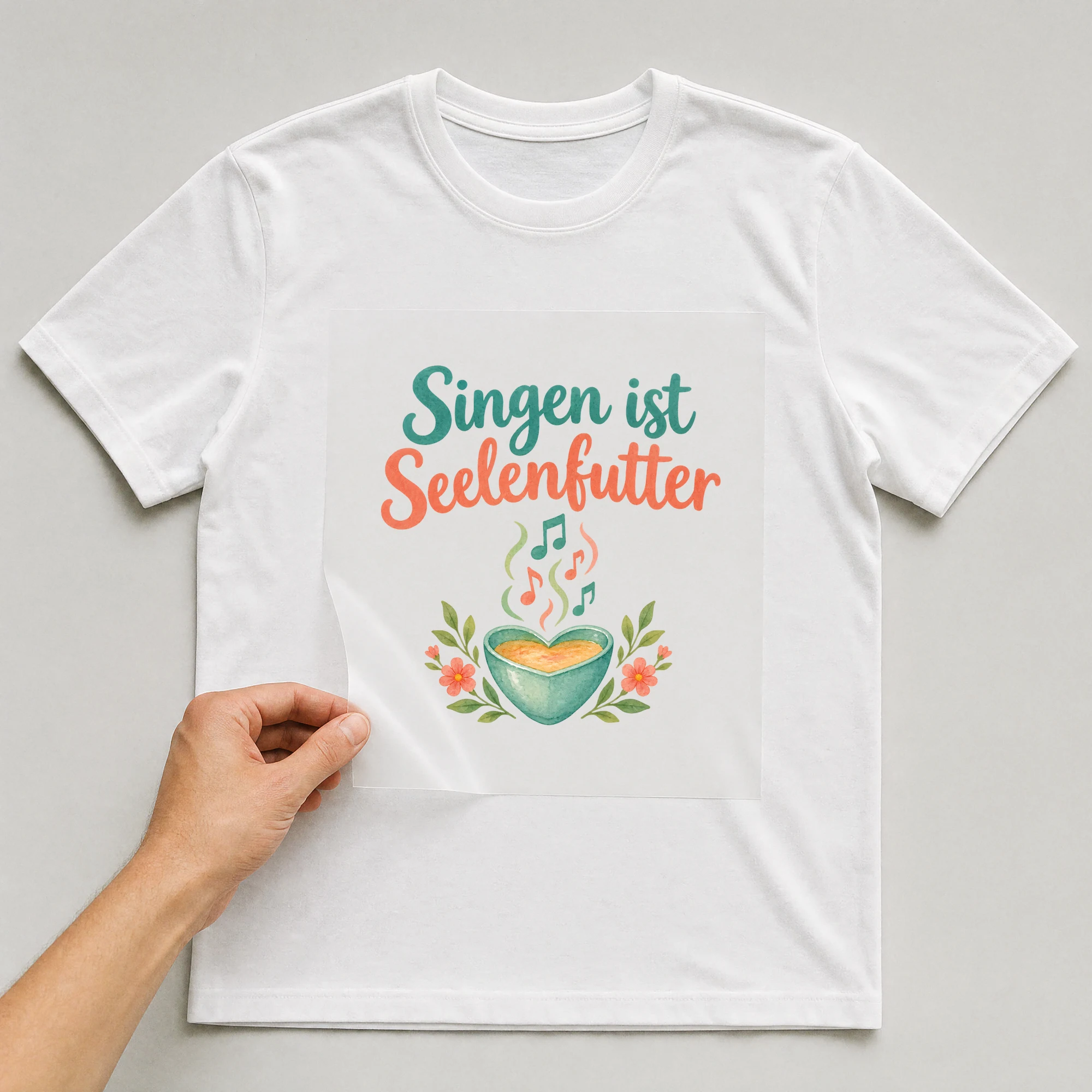 Bügelbild „Singen ist Seelenfutter“ auf weißem T-Shirt, Folie wird aufgelegt