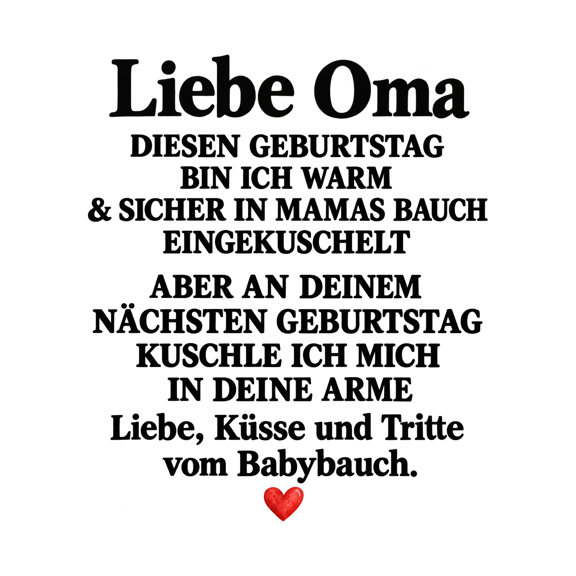 Bügelbild „Liebe Oma diesen Geburtstag bin ich warm & sicher in Mamas Bauch eingekuschelt“ als Grafik auf weißem Hintergrund (BB015221)