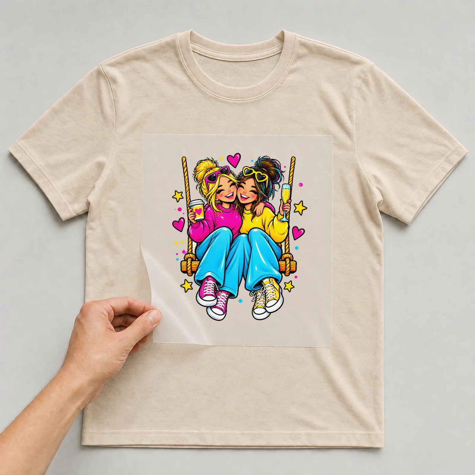 Bügelbild freundschaft schaukel auf beigem T-Shirt, Folie wird aufgelegt