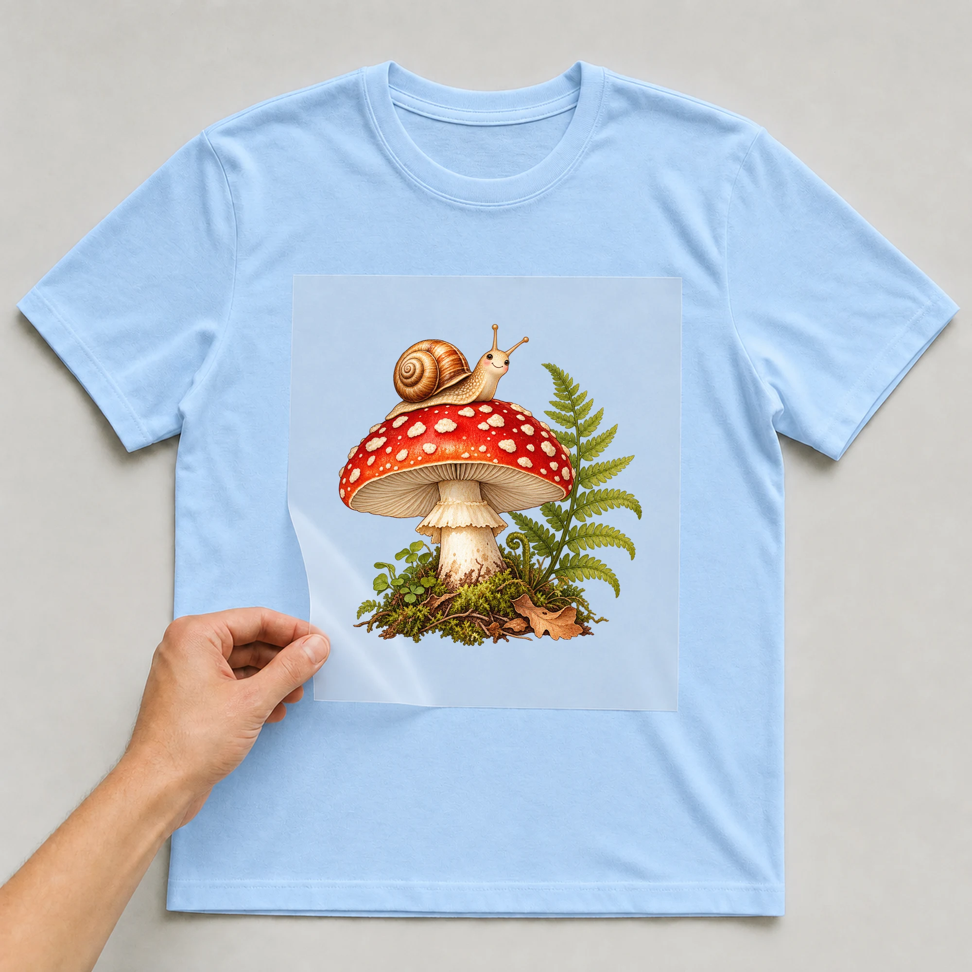Bügelbild „Pilz mit Schnecke“ auf babyblauem T-Shirt, Folie wird aufgelegt