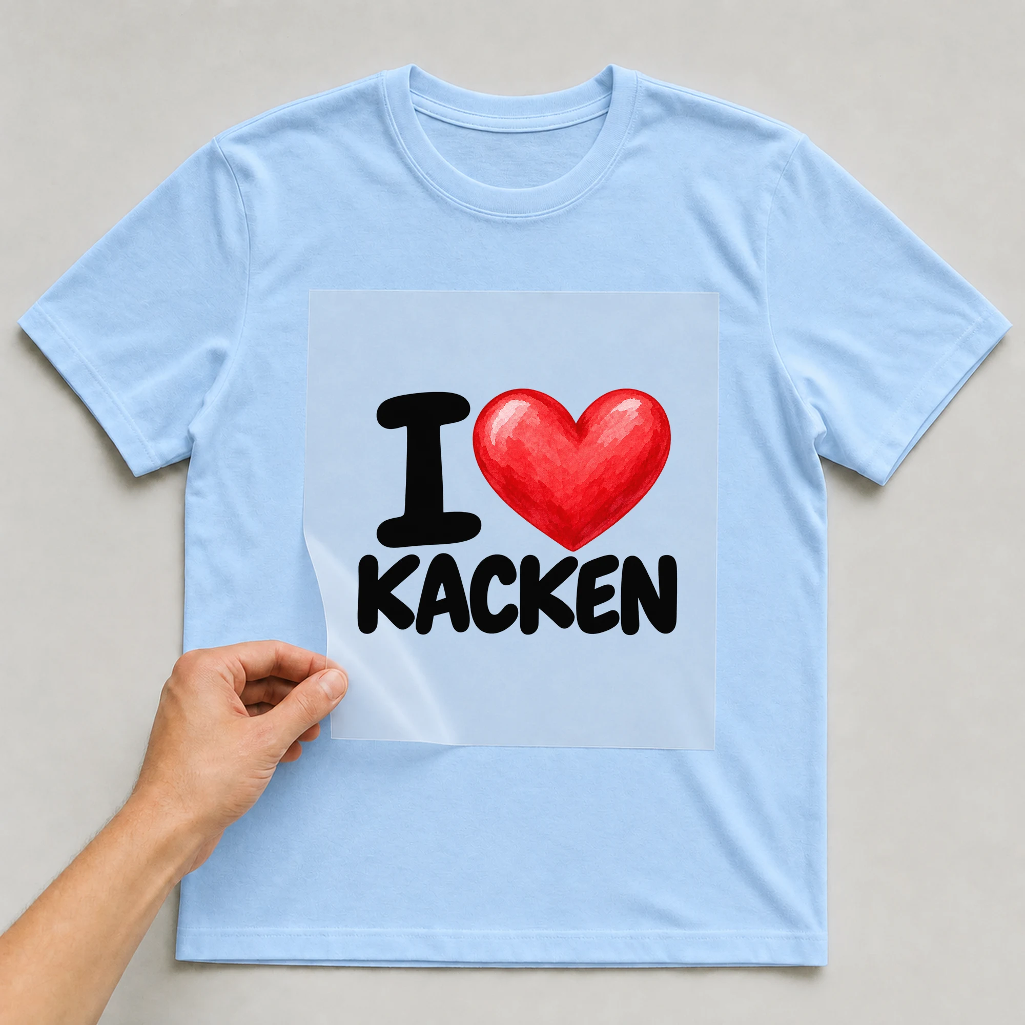Bügelbild „I KACKEN“ auf babyblauem T-Shirt, Folie wird aufgelegt