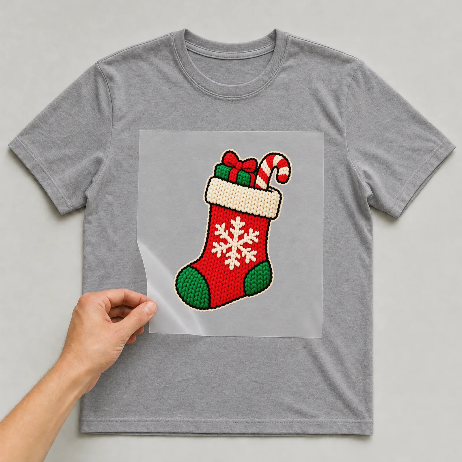 Bügelbild Weihnachtssocke auf grauem T-Shirt, Folie wird aufgelegt
