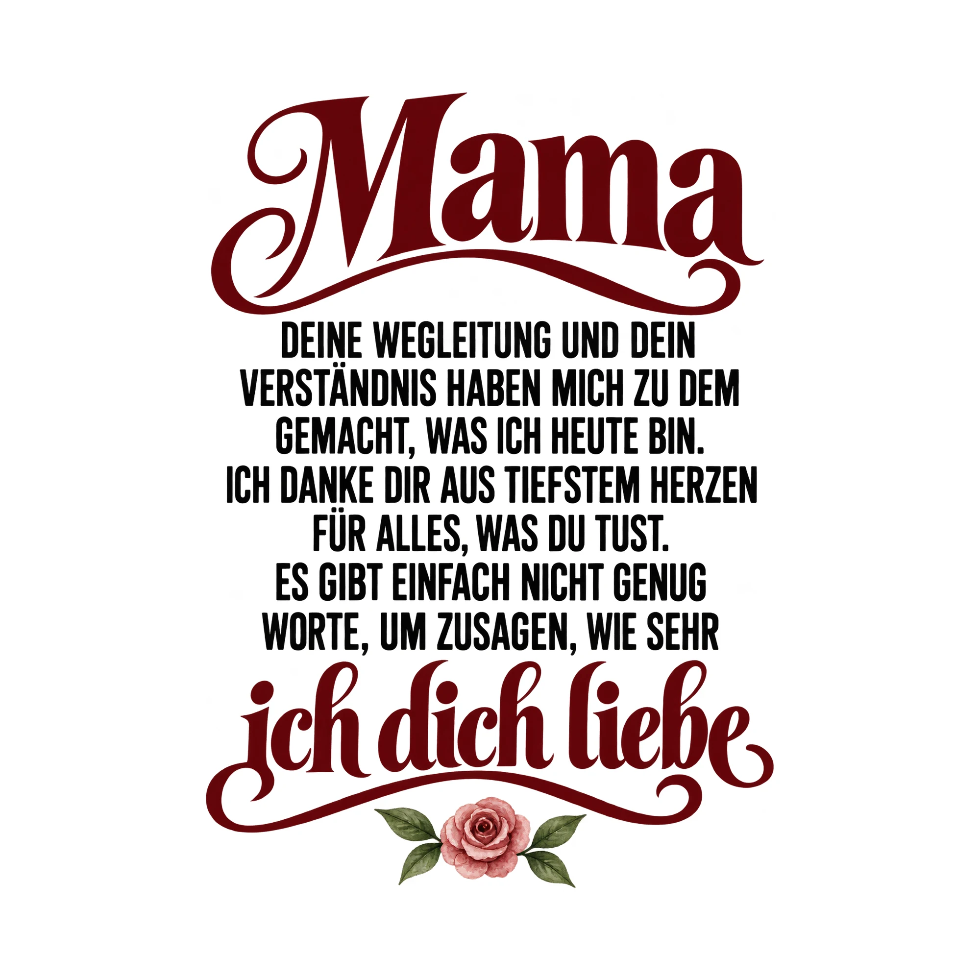 Bügelbild „Mama deine Wegleitung und dein Verständnis haben mich zu dem gemacht, was ich“ als Grafik auf weißem Hintergrund (BB015135)