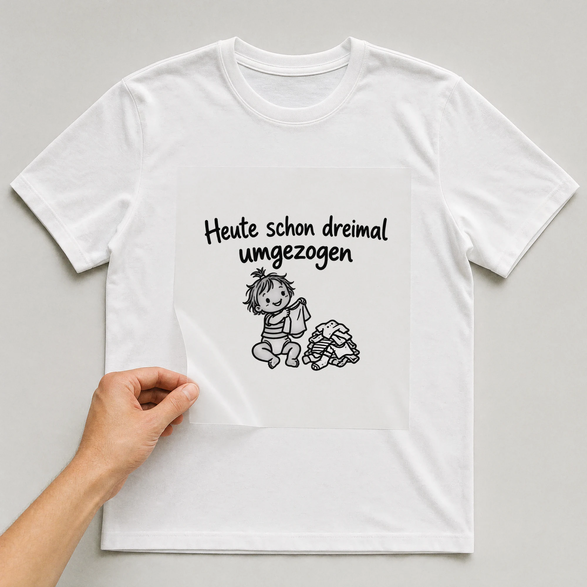 Bügelbild „Heute schon dreimal umgezogen“ auf weißem T-Shirt, Folie wird aufgelegt