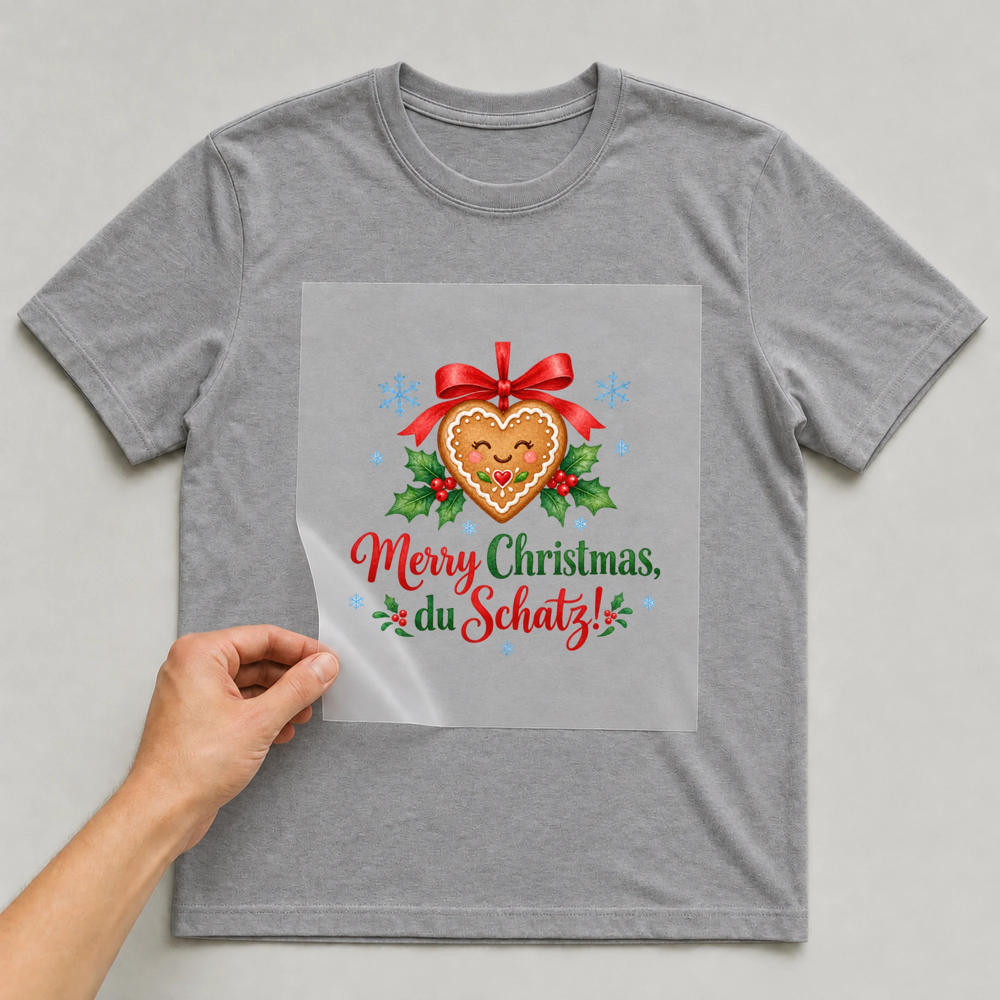 Bügelbild „Merry Christmas, du Schatz!“ auf grauem T-Shirt, Folie wird aufgelegt
