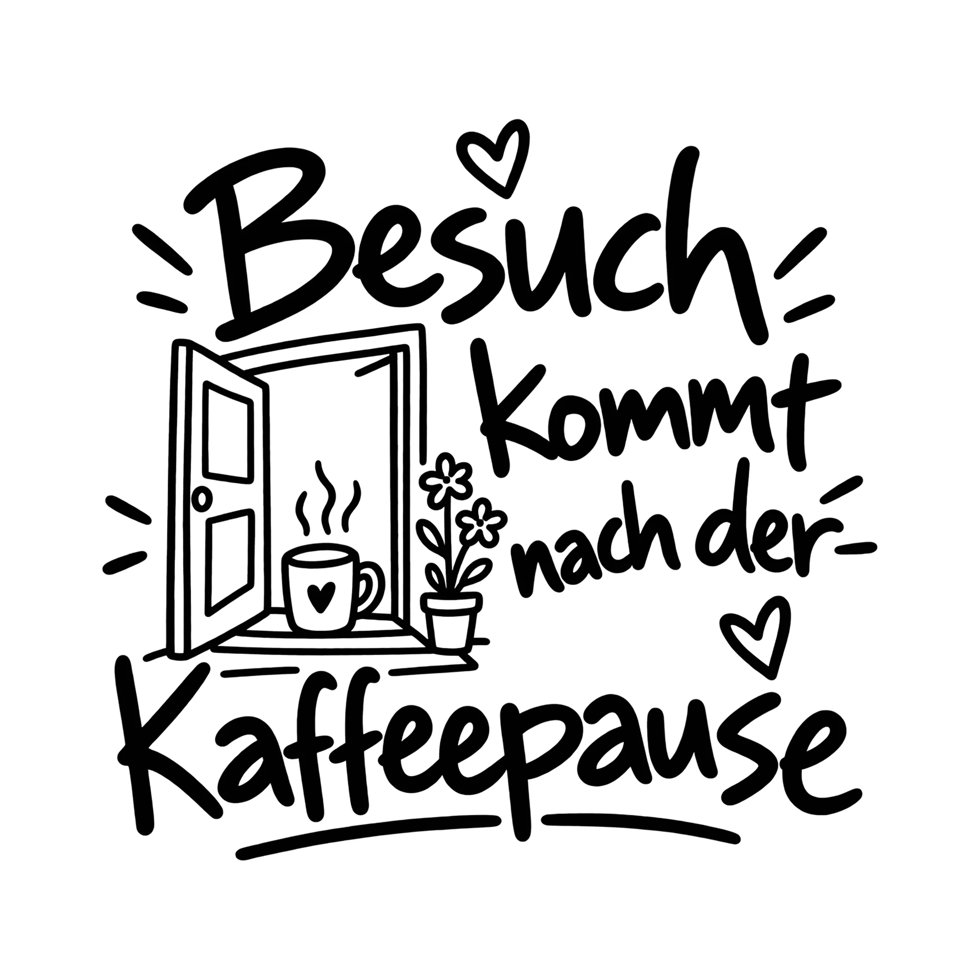 Bügelbild Besuch kommt nach der Kaffeepause als Grafik auf weißem Hintergrund (BB012149)
