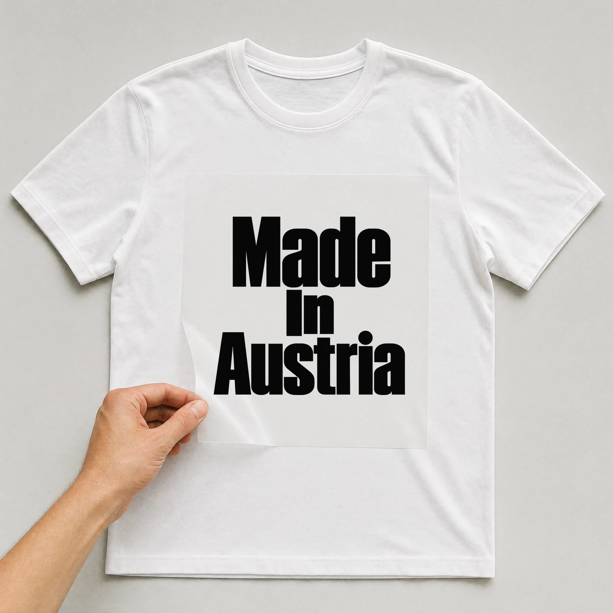 Bügelbild „Made In Austria“ auf weißem T-Shirt, Folie wird aufgelegt