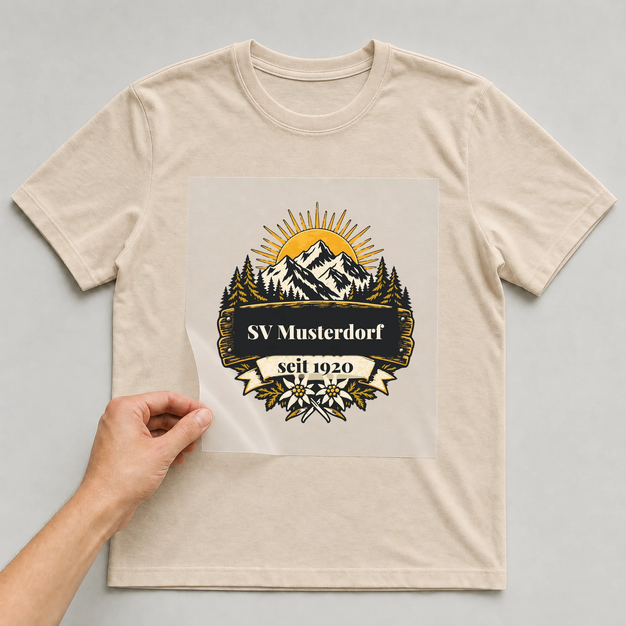 Bügelbild Verein seit mit Vereinsname und Jahr auf beigem T-Shirt, Folie wird aufgelegt