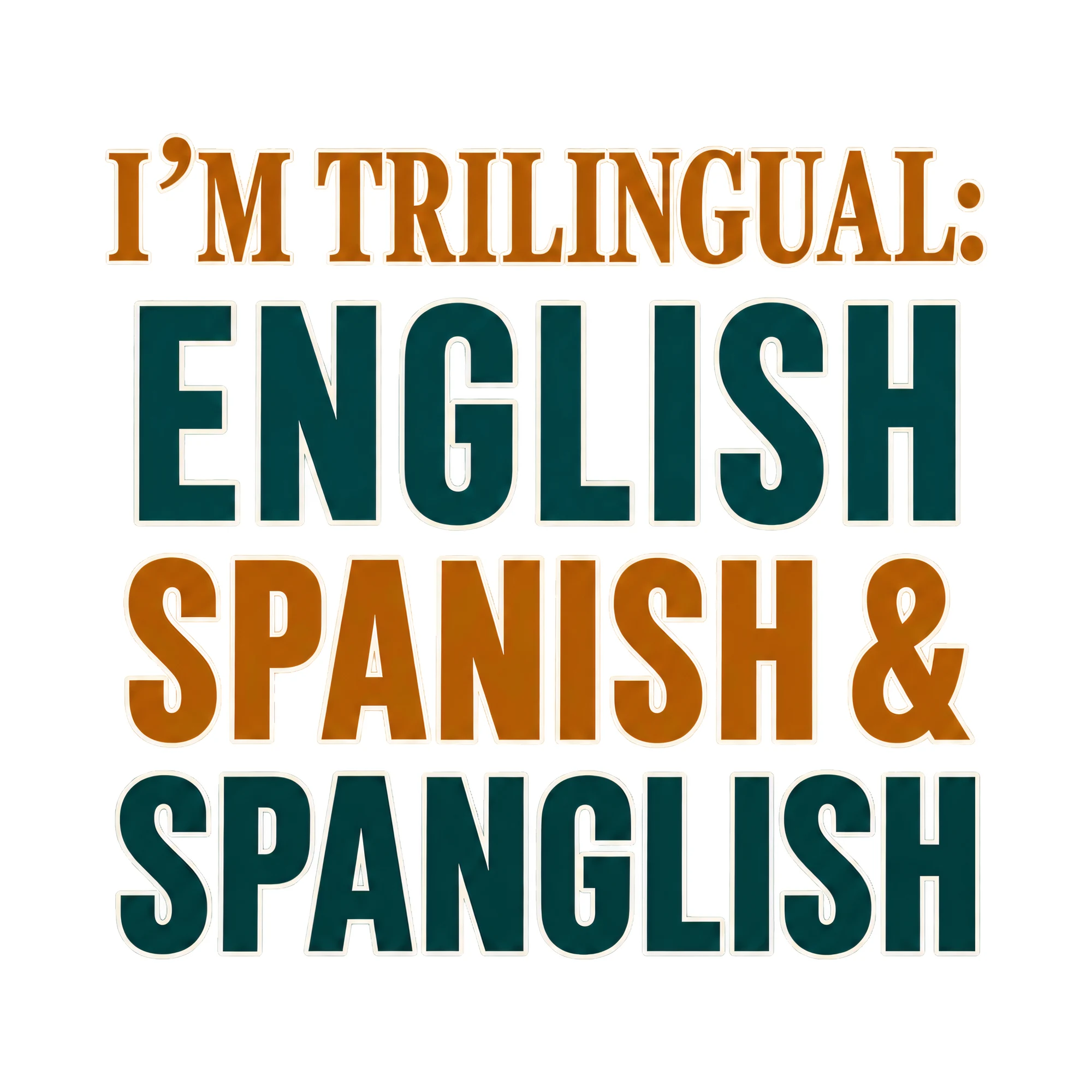 Bügelbild I’M TRILINGUAL: ENGLISH SPANISH & SPANGLISH als Grafik auf weißem Hintergrund (BB021016)
