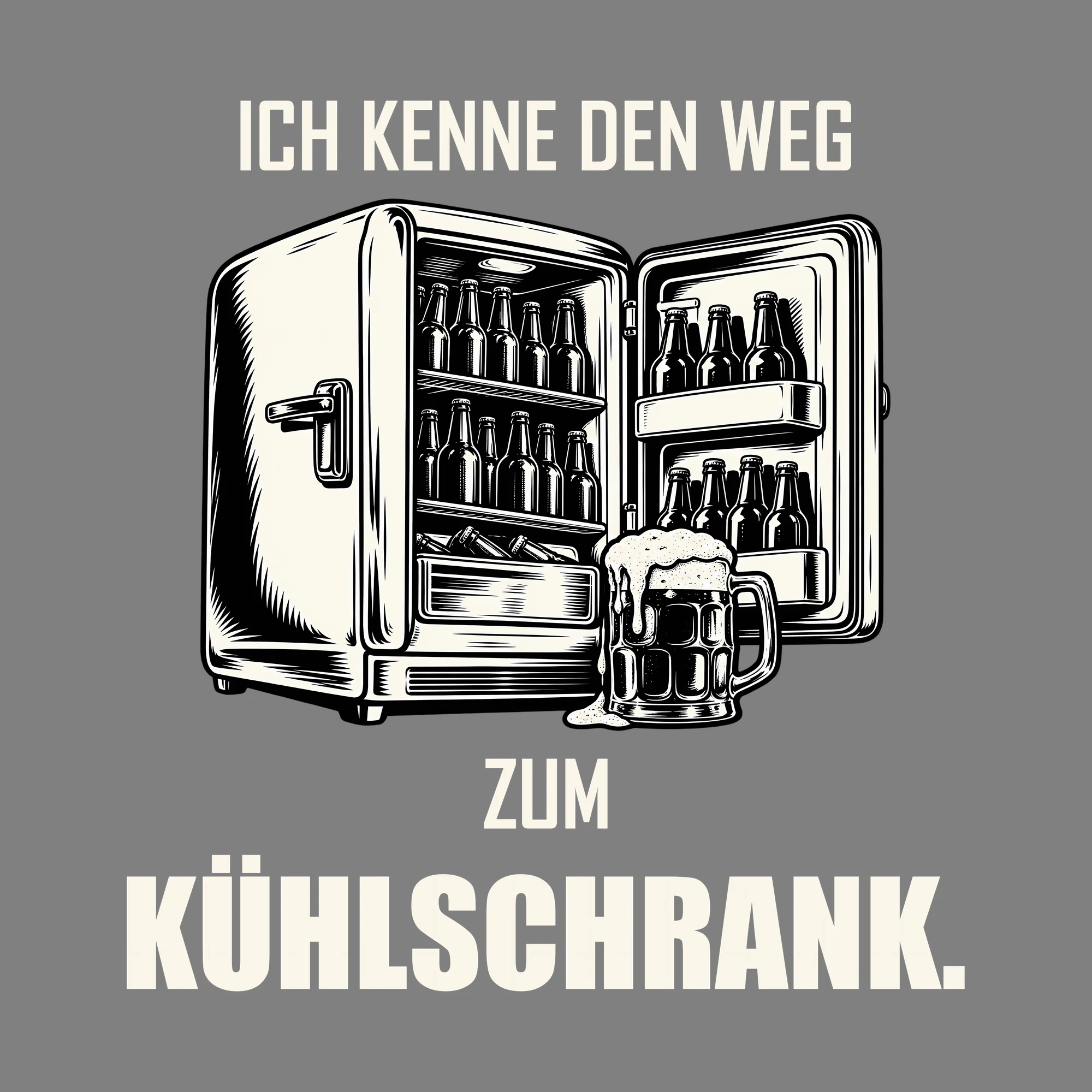 Bügelbild ICH KENNE DEN WEG ZUM KÜHLSCHRANK. als Grafik auf dunklem Hintergrund (BB011824)