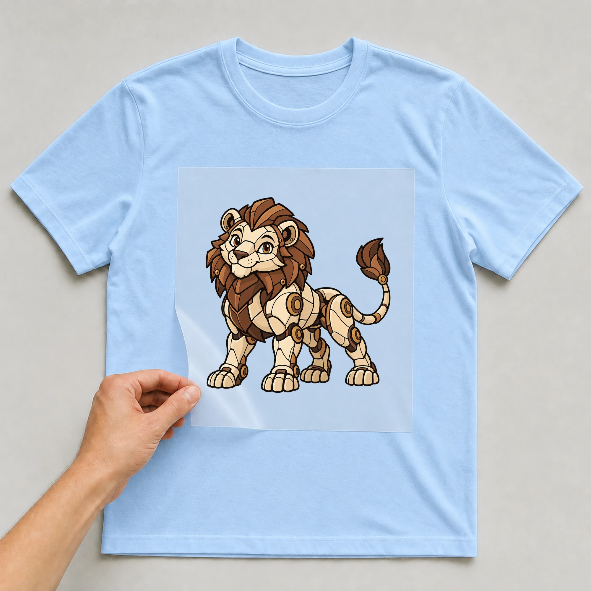 Bügelbild „Mecha Robotic Zodiac Sign Leo“ auf babyblauem T-Shirt, Folie wird aufgelegt