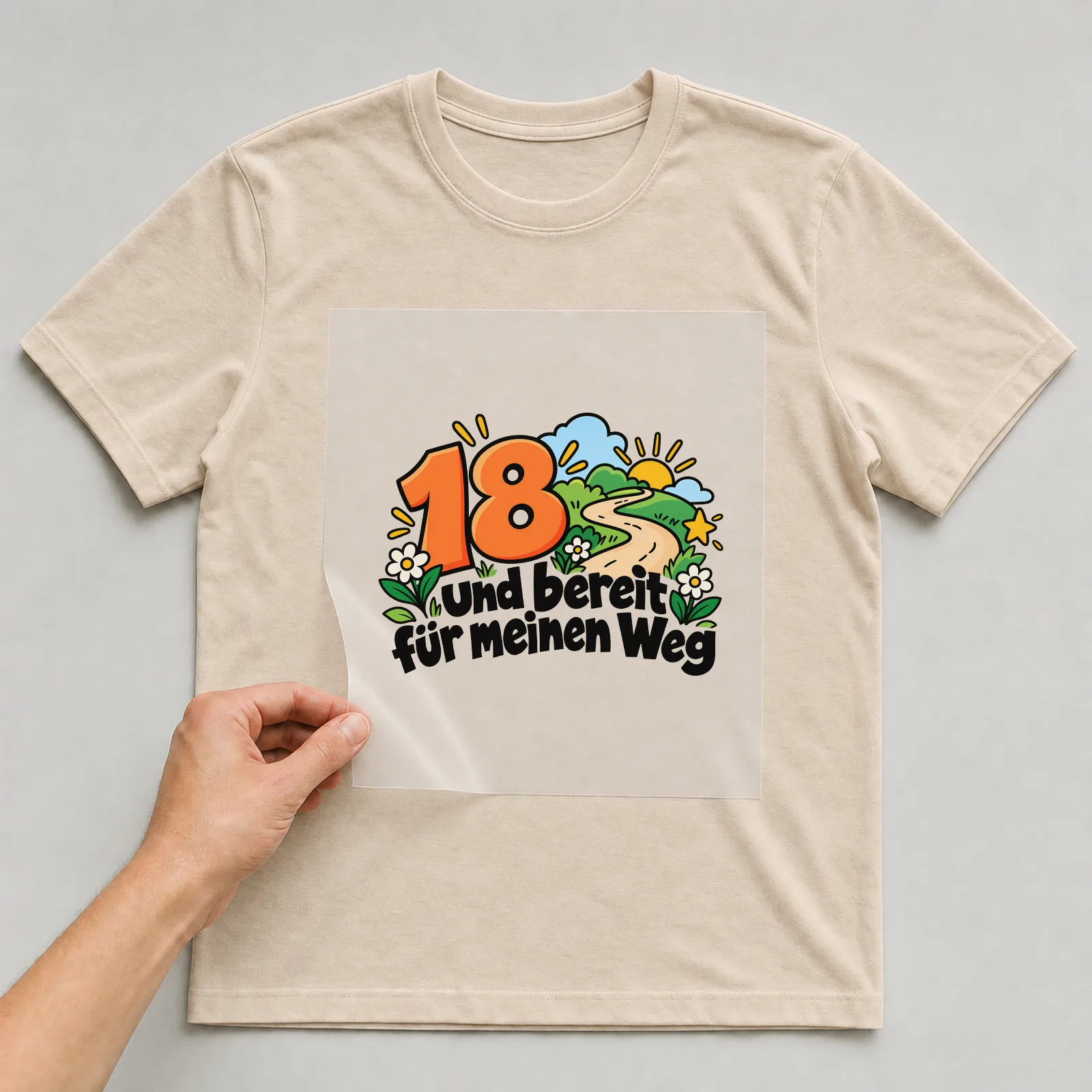 Bügelbild „18 und bereit für meinen Weg“ auf beigem T-Shirt, Folie wird aufgelegt
