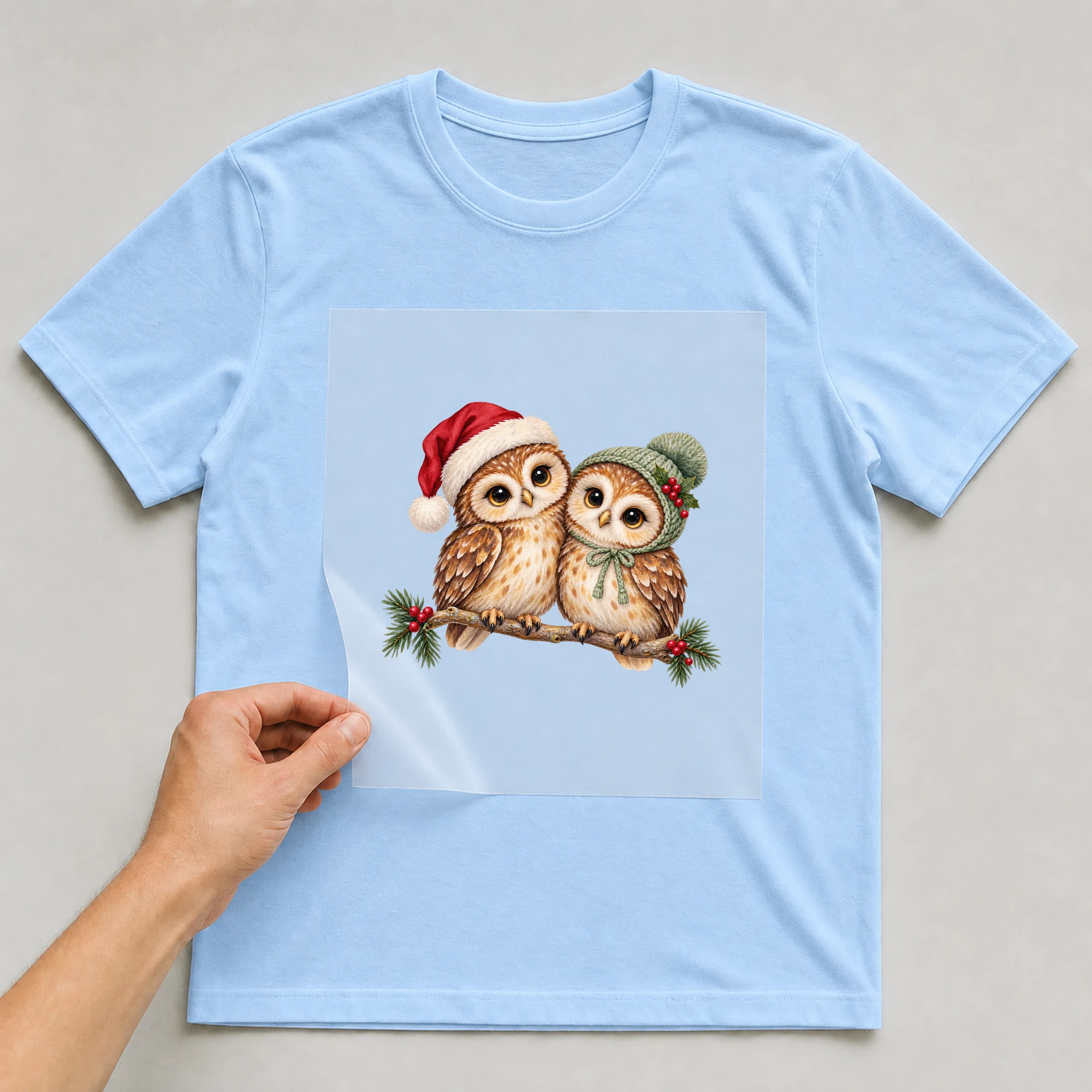 Bügelbild „Weihnachtseulen“ auf babyblauem T-Shirt, Folie wird aufgelegt