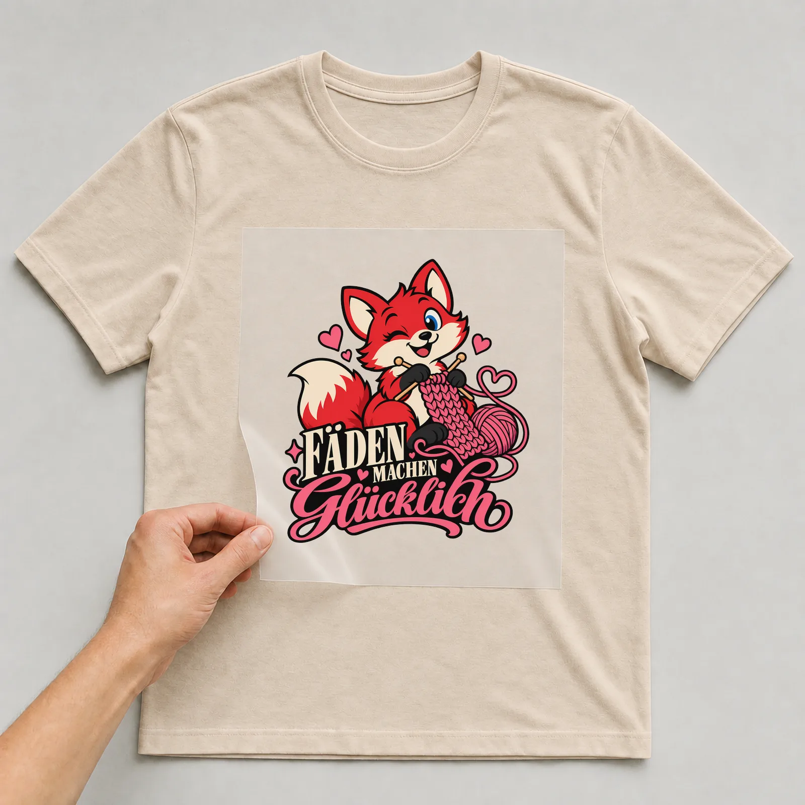 Bügelbild „Fäden machen glücklich“ auf beigem T-Shirt, Folie wird aufgelegt