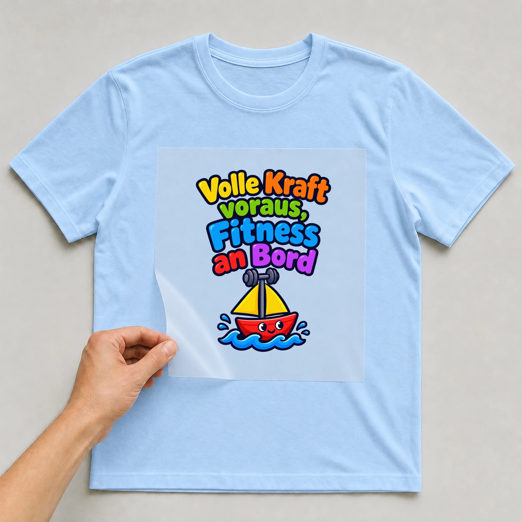 Bügelbild „Volle Kraft voraus, Fitness an Bord“ auf babyblauem T-Shirt, Folie wird aufgelegt