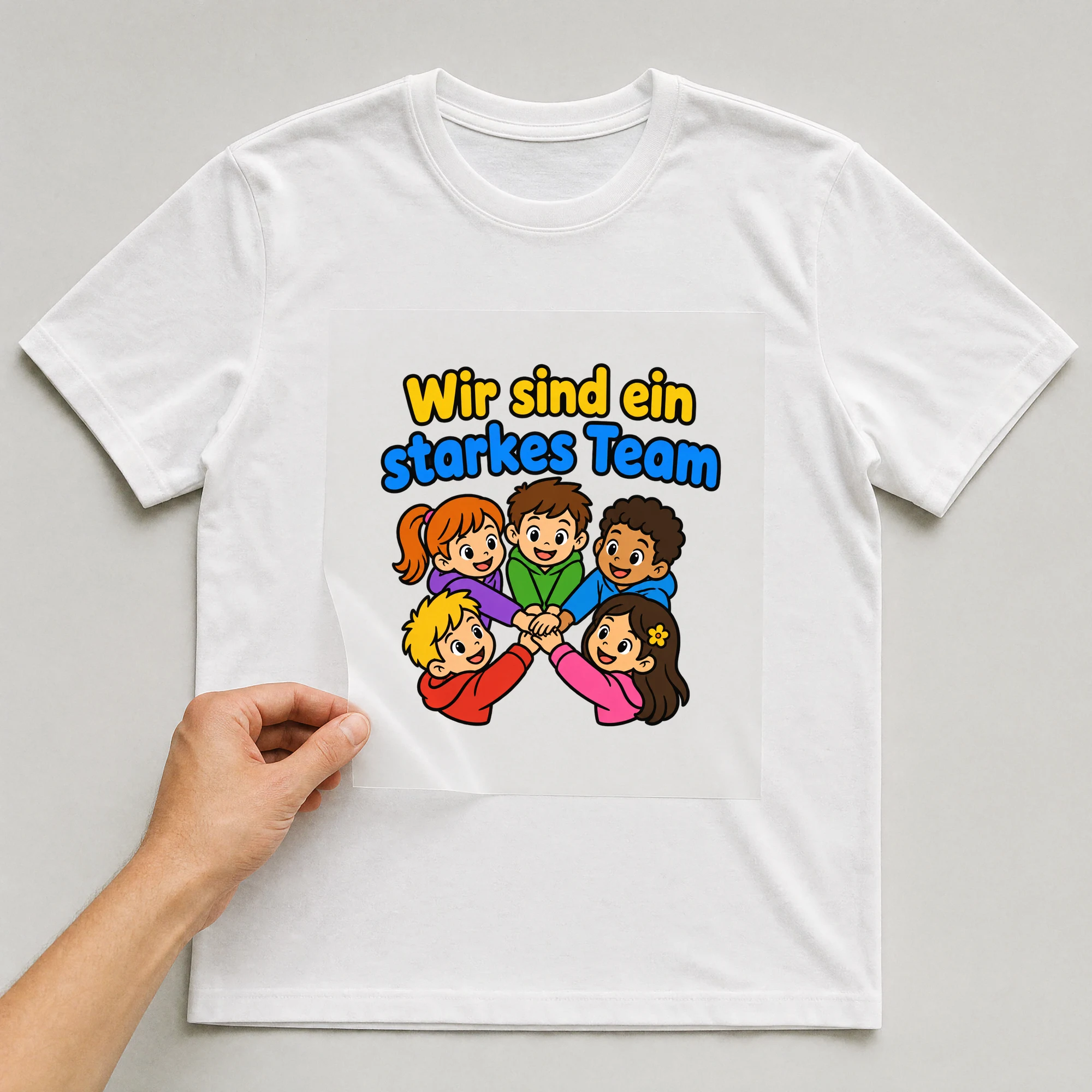 Bügelbild „Wir sind ein starkes Team“ auf weißem T-Shirt, Folie wird aufgelegt