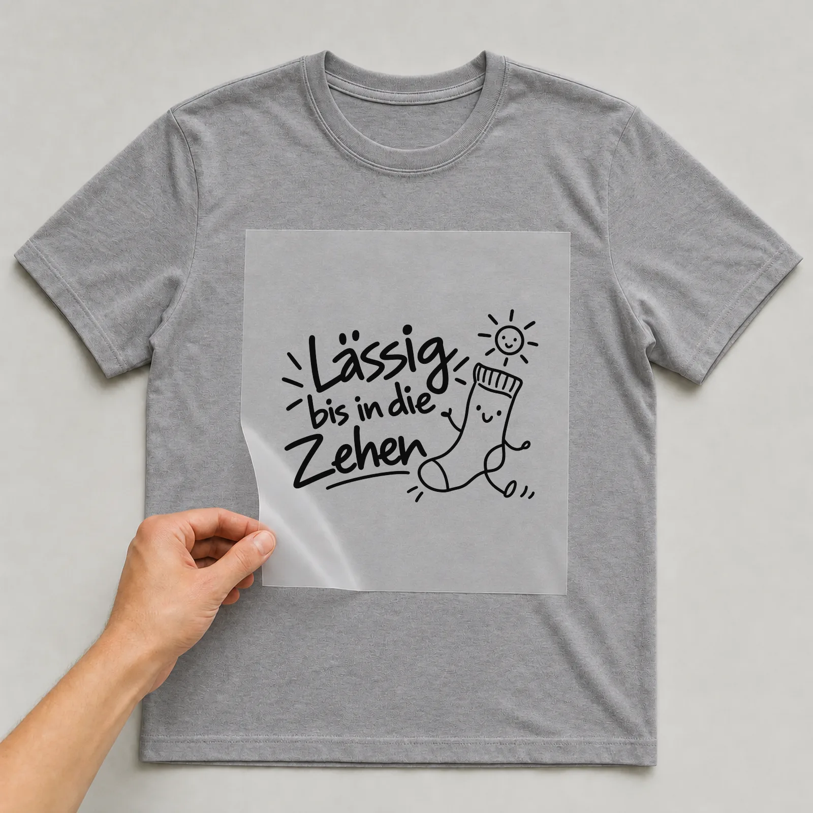 Bügelbild „Lässig bis in die Zehen“ auf grauem T-Shirt, Folie wird aufgelegt
