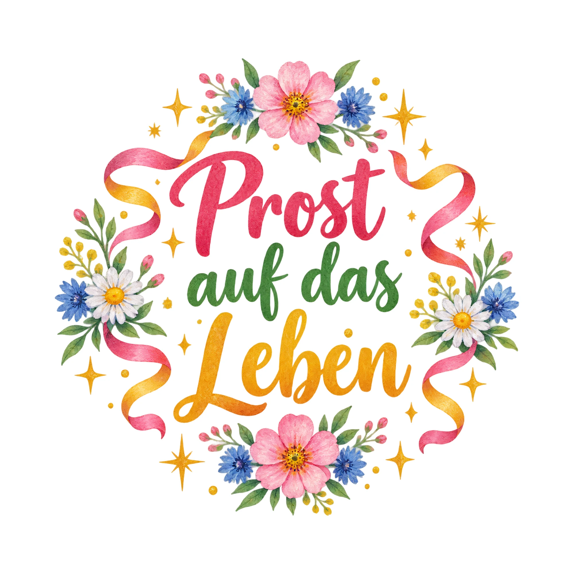 Bügelbild Prost auf das Leben, Party Shirt Spruch als Grafik auf weißem Hintergrund (BB018386)
