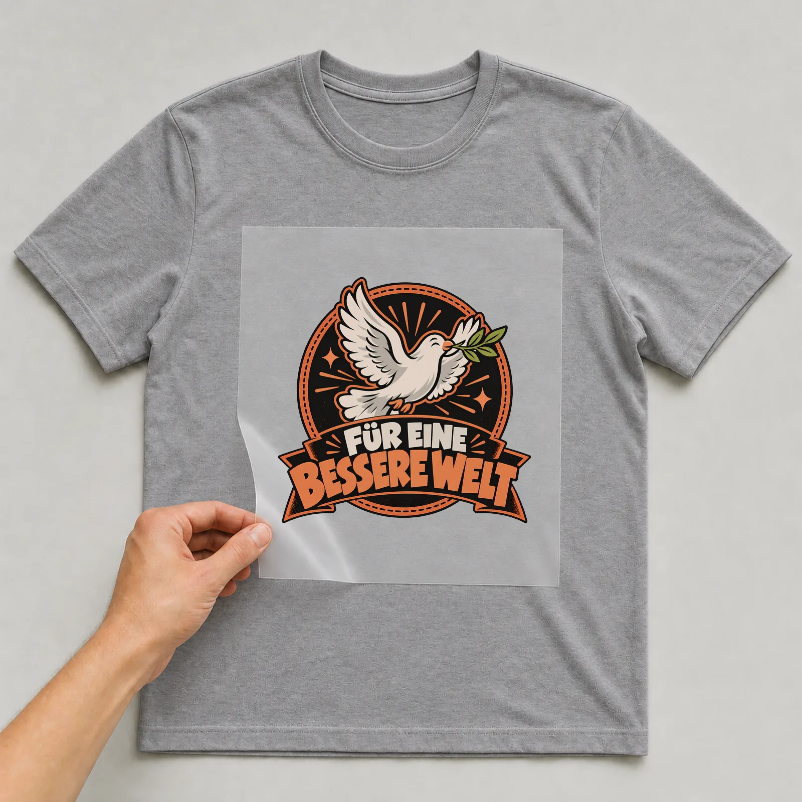 Bügelbild „Für eine bessere Welt“ auf grauem T-Shirt, Folie wird aufgelegt