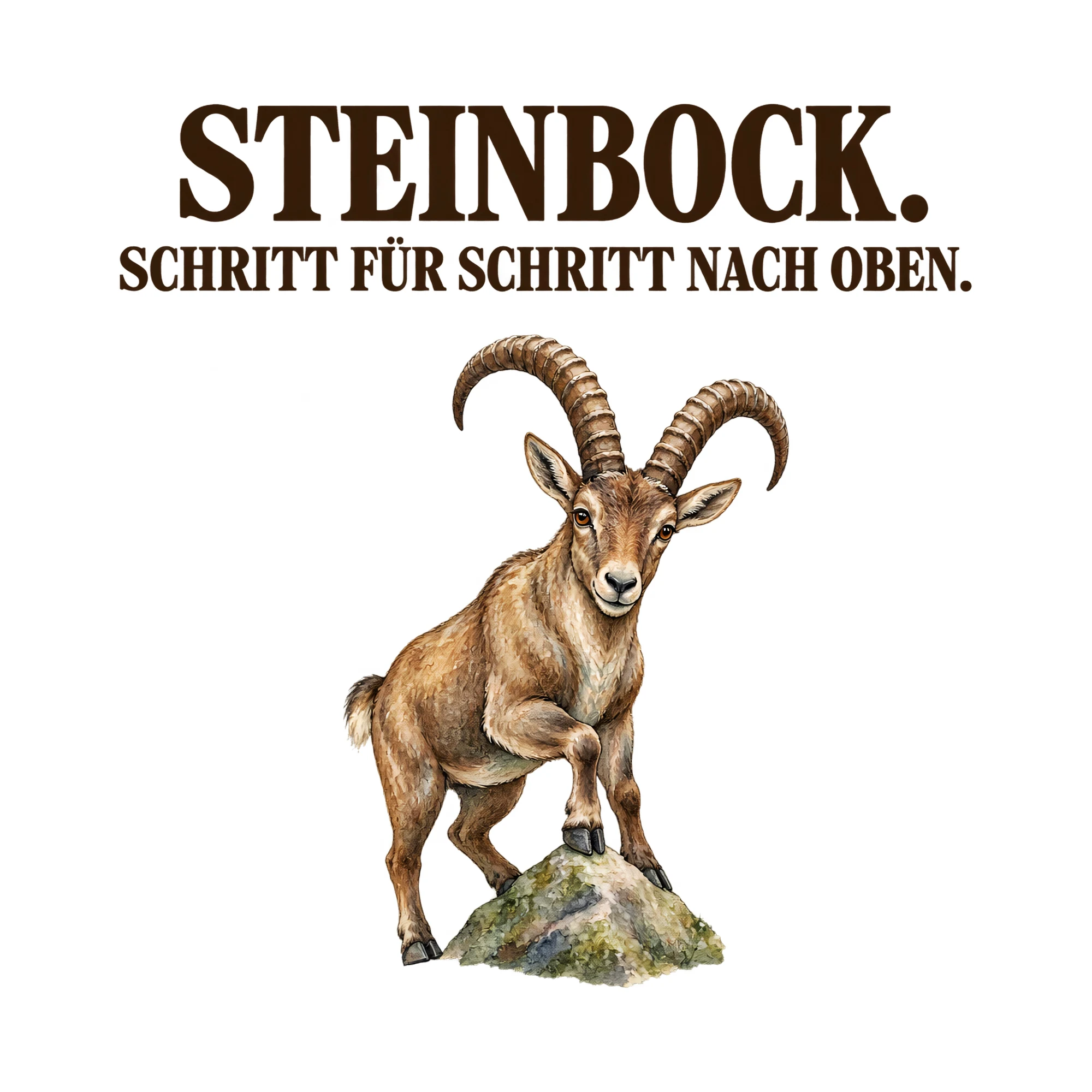Bügelbild STEINBOCK. SCHRITT FÜR SCHRITT NACH OBEN. als Grafik auf weißem Hintergrund (BB021495)