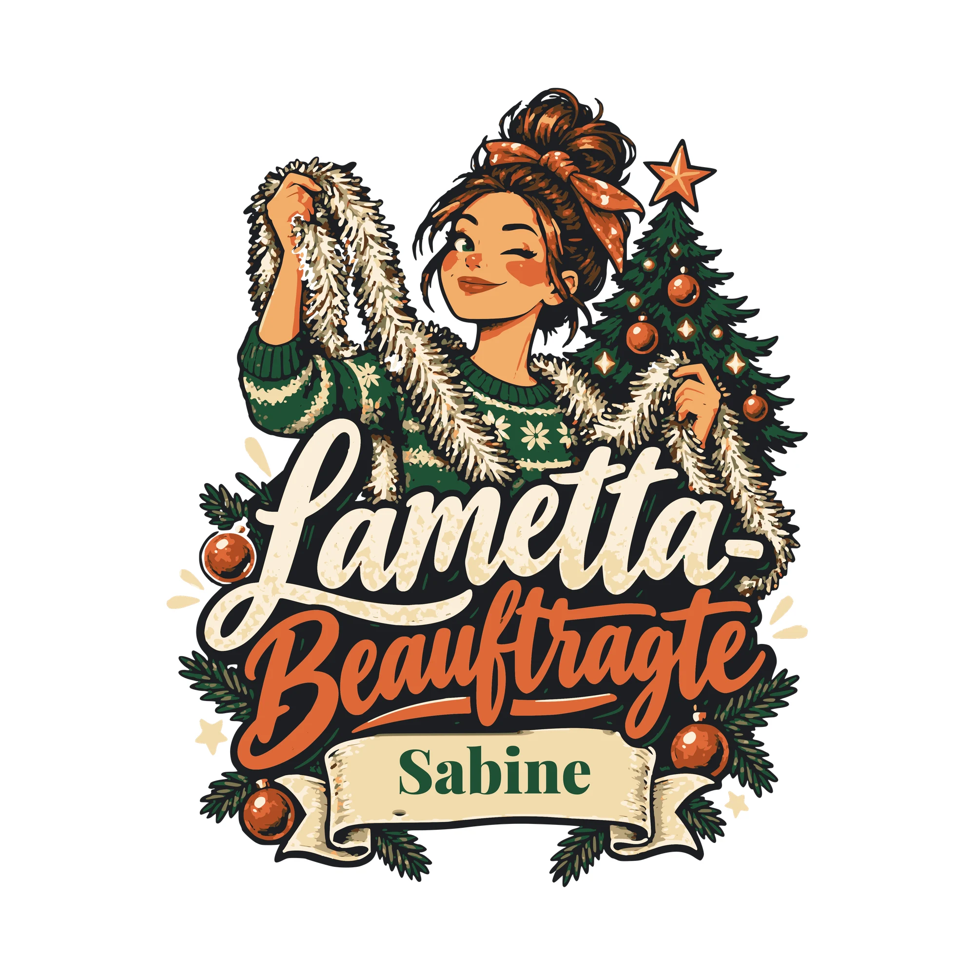 Bügelbild Lametta-Beauftragte mit Name als Grafik auf weißem Hintergrund (BB011173)