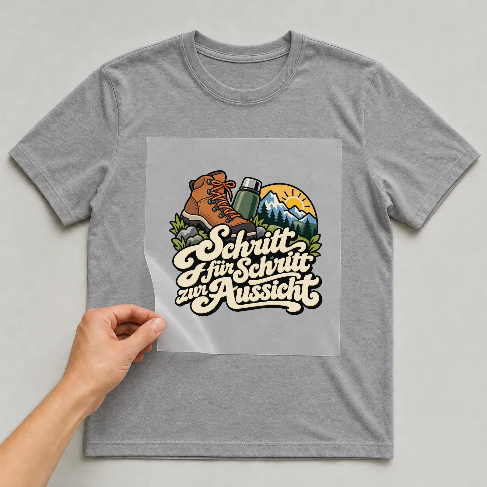 Bügelbild „Schritt für Schritt zur Aussicht“ auf grauem T-Shirt, Folie wird aufgelegt