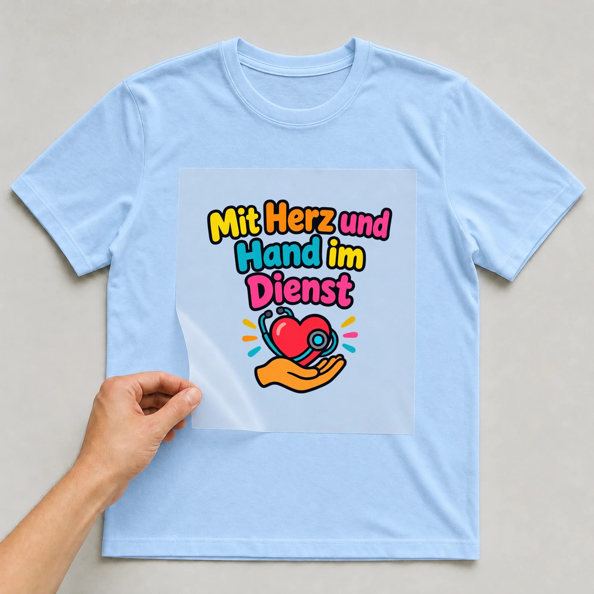 Bügelbild „Mit Herz und Hand im Dienst“ auf babyblauem T-Shirt, Folie wird aufgelegt