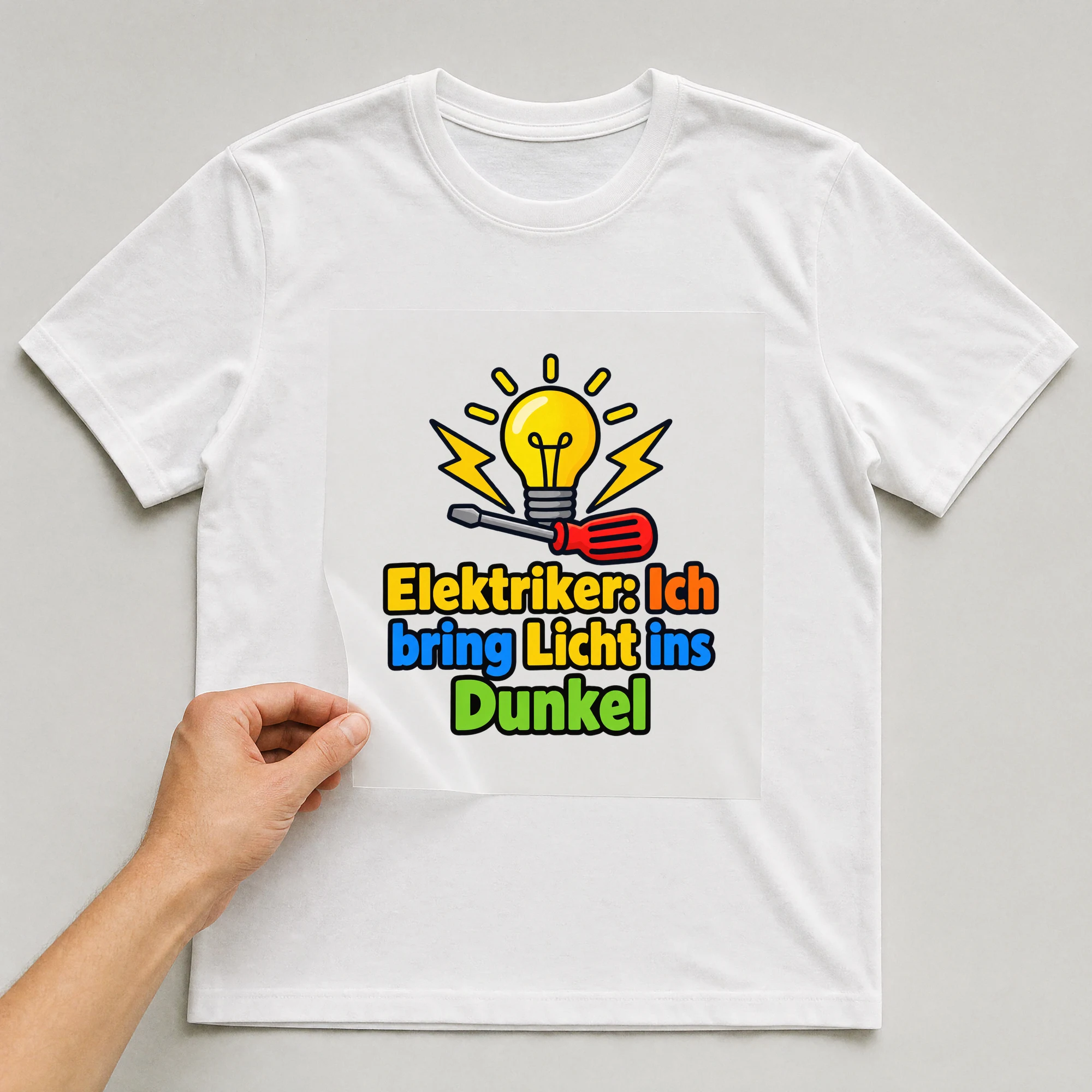Bügelbild „Elektriker: Ich bring Licht ins Dunkel“ auf weißem T-Shirt, Folie wird aufgelegt