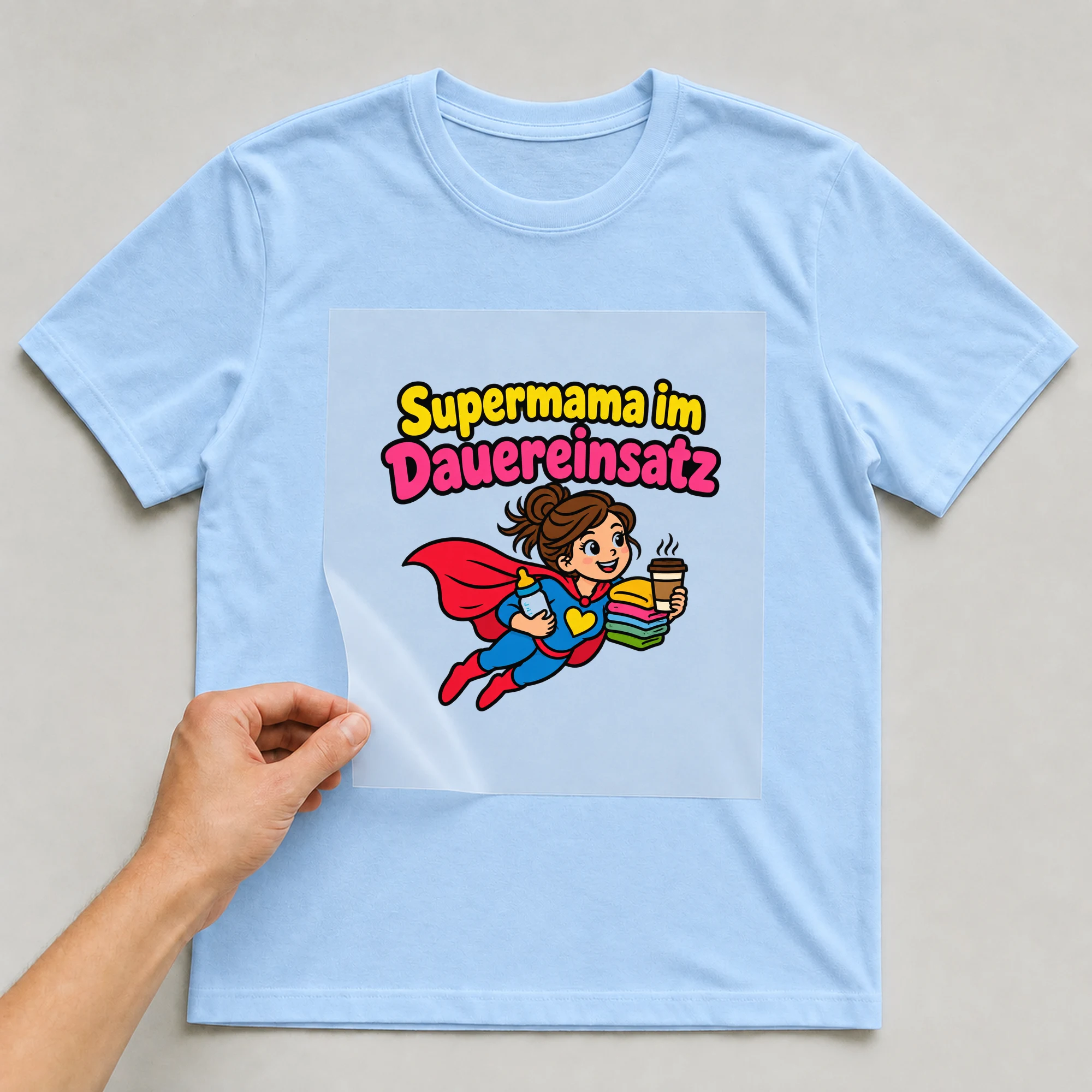 Bügelbild „Supermama im Dauereinsatz“ auf babyblauem T-Shirt, Folie wird aufgelegt
