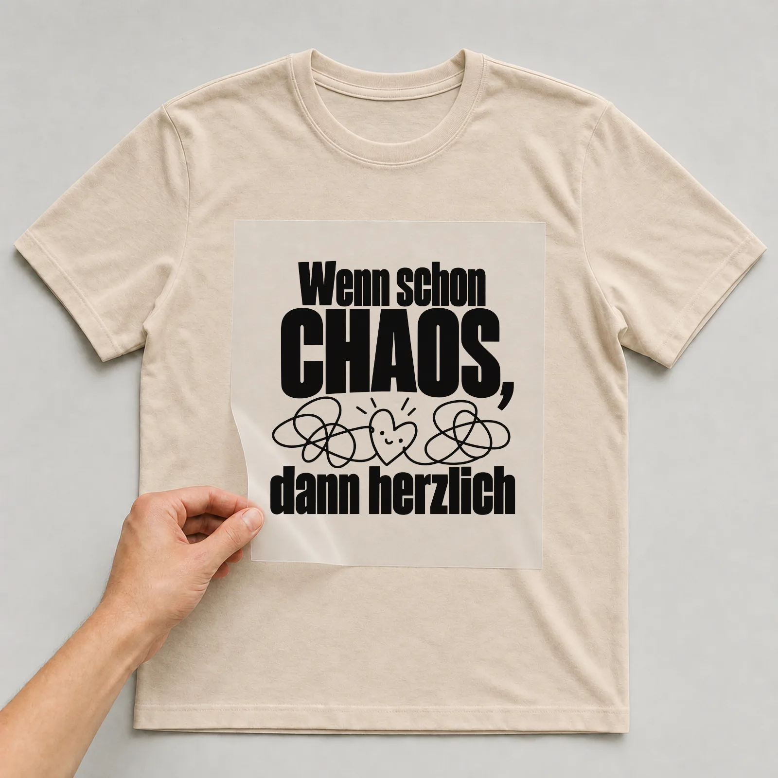 Bügelbild „Wenn schon Chaos, dann herzlich“ auf beigem T-Shirt, Folie wird aufgelegt