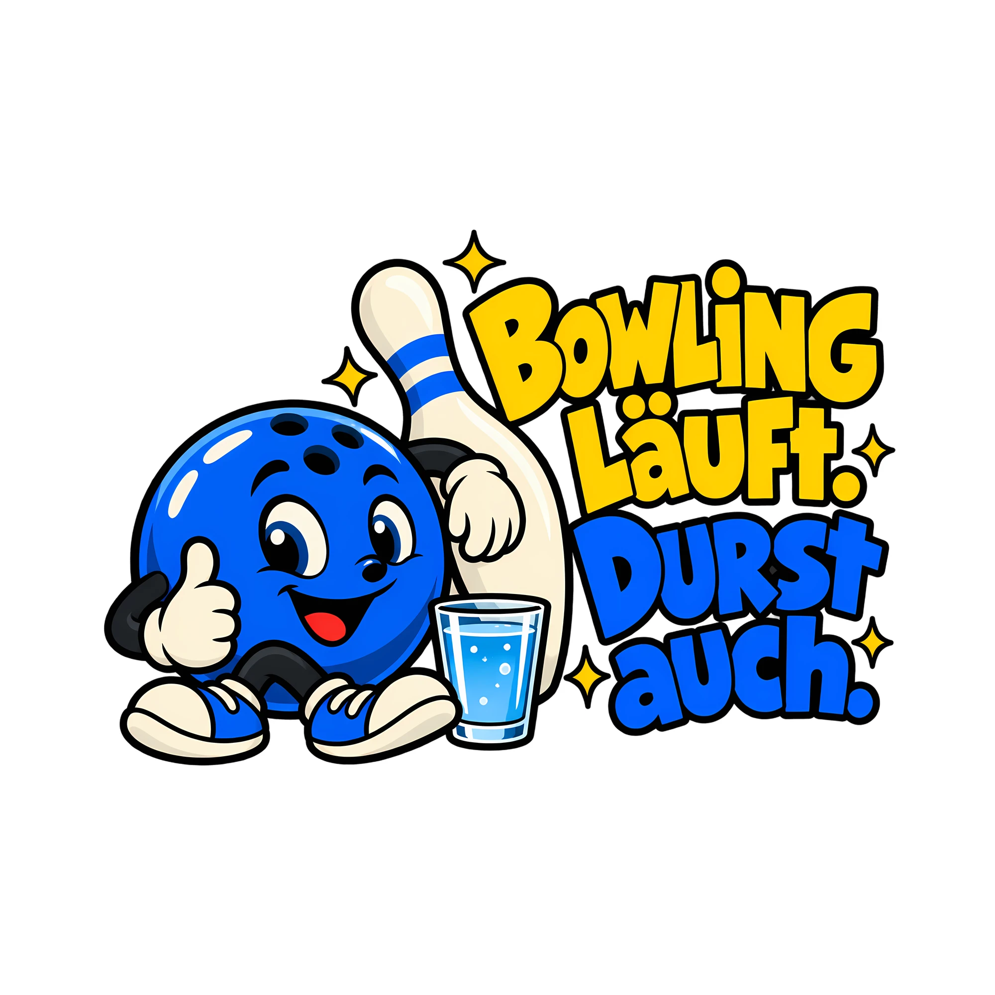 Bügelbild Bowling läuft. Durst auch. als Grafik auf weißem Hintergrund (BB013843)