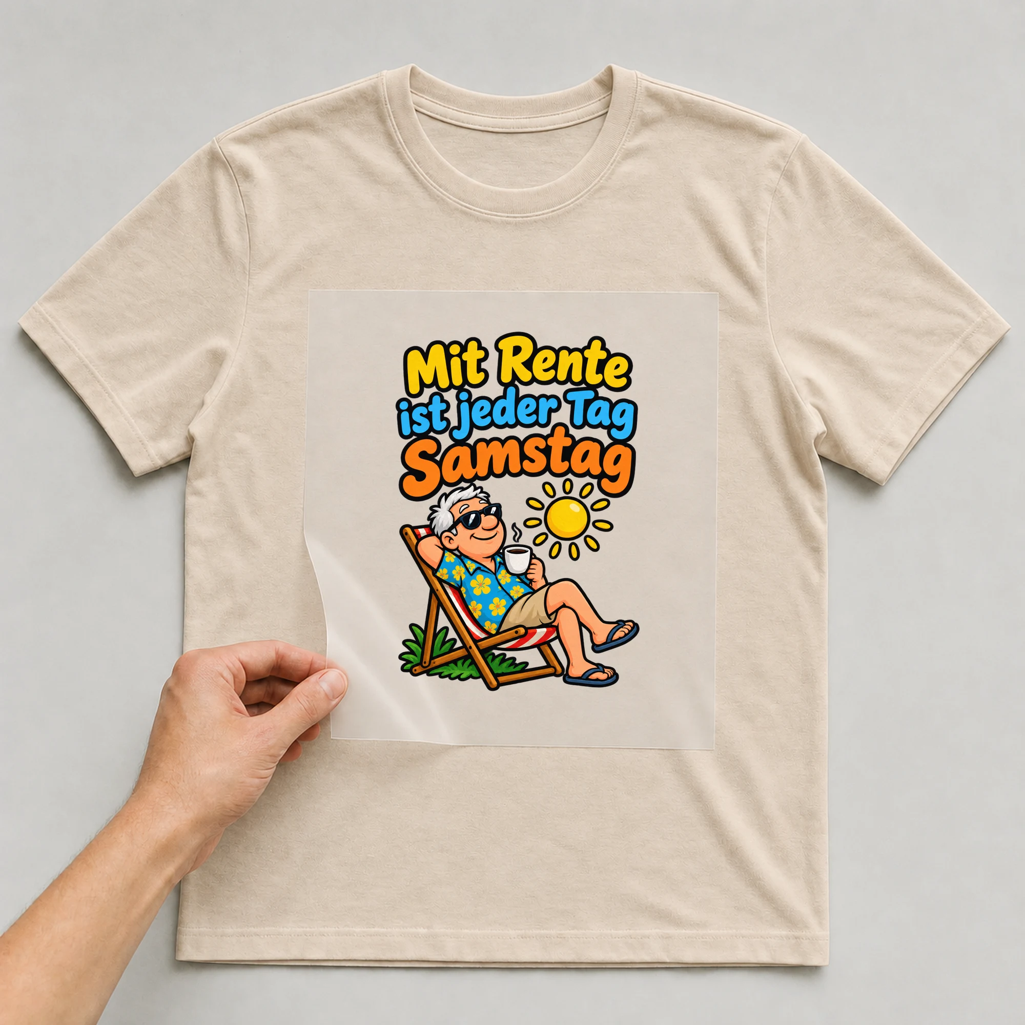 Bügelbild „Mit Rente ist jeder Tag Samstag“ auf beigem T-Shirt, Folie wird aufgelegt