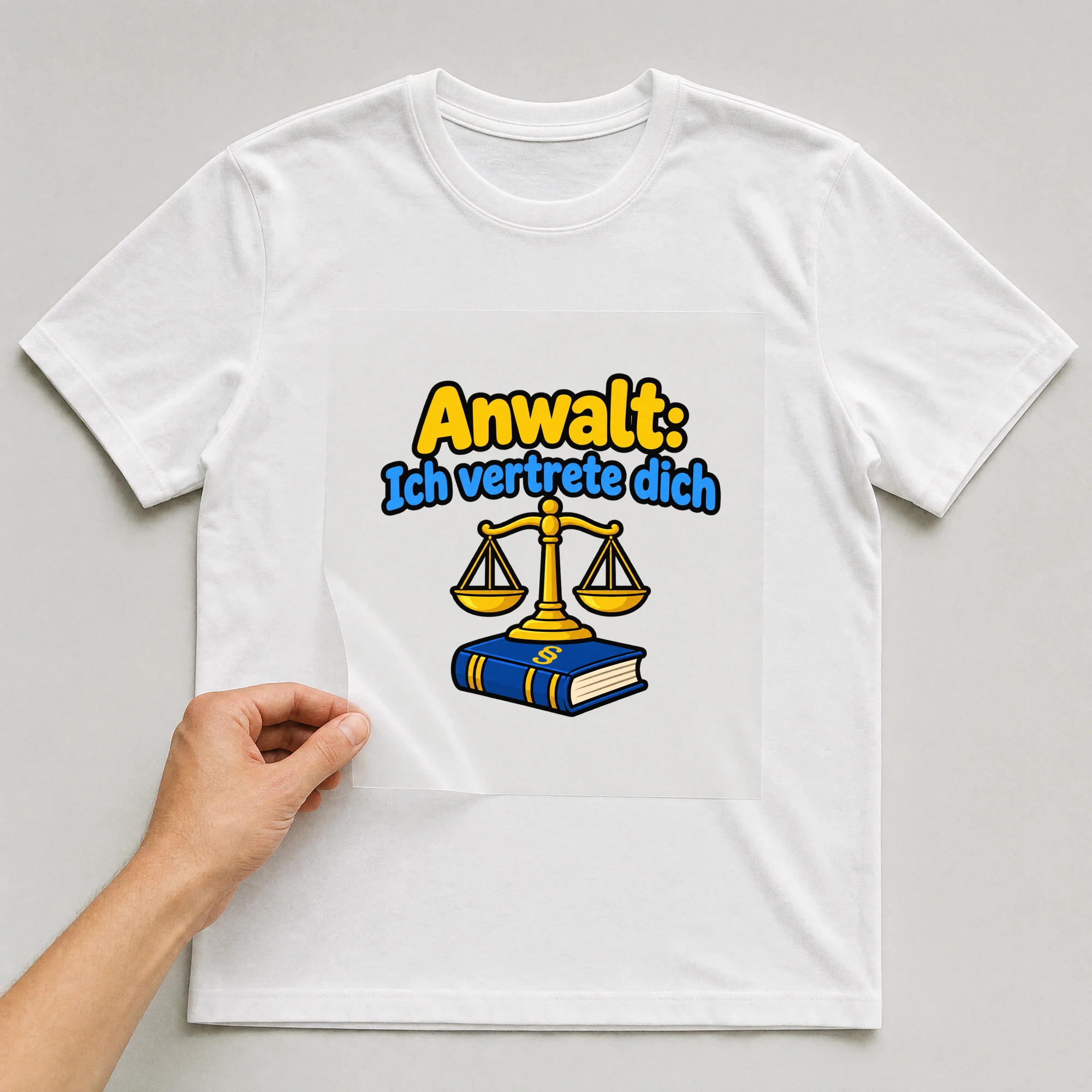 Bügelbild „Anwalt: Ich vertrete dich“ auf weißem T-Shirt, Folie wird aufgelegt