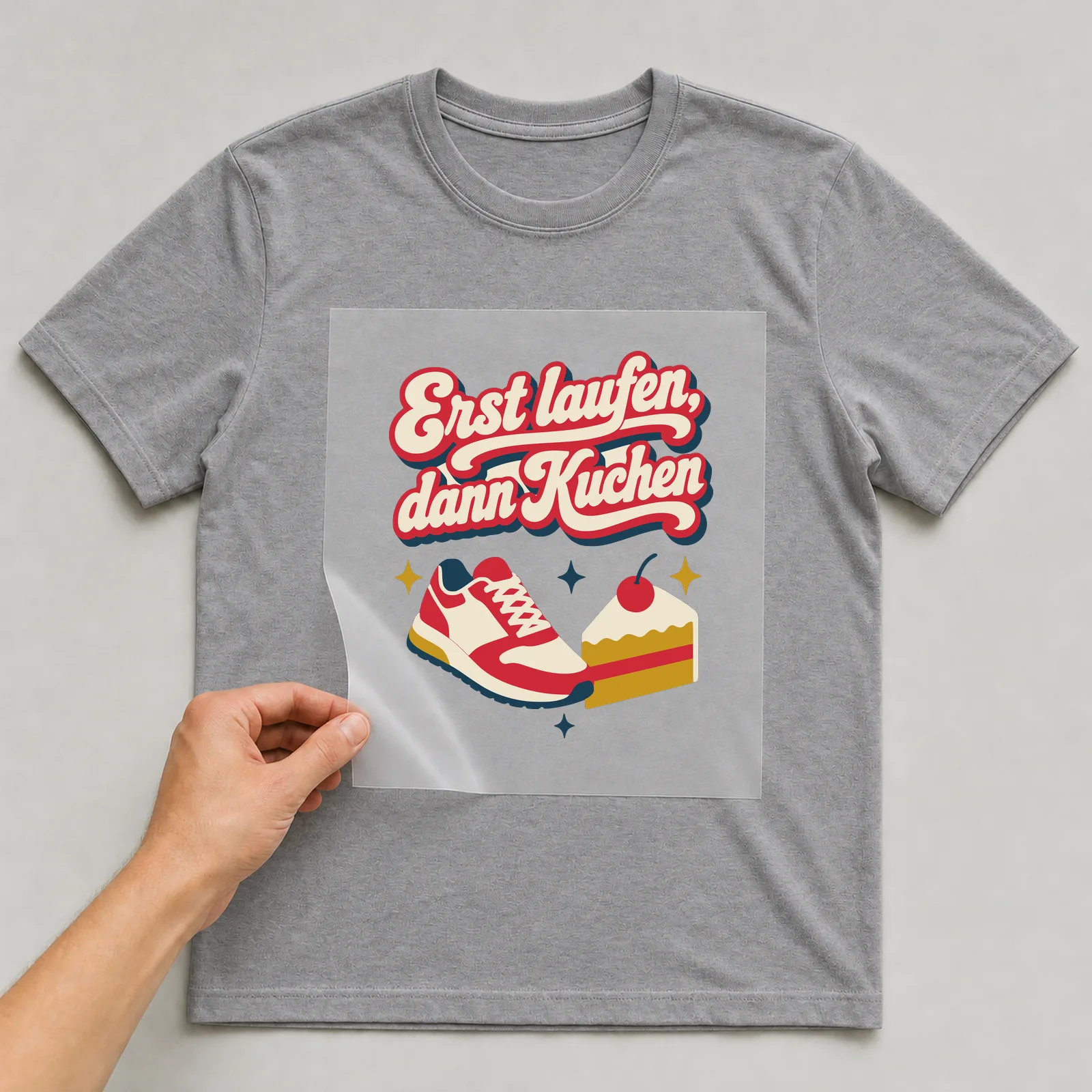 Bügelbild Erst laufen, dann Kuchen auf grauem T-Shirt, Folie wird aufgelegt