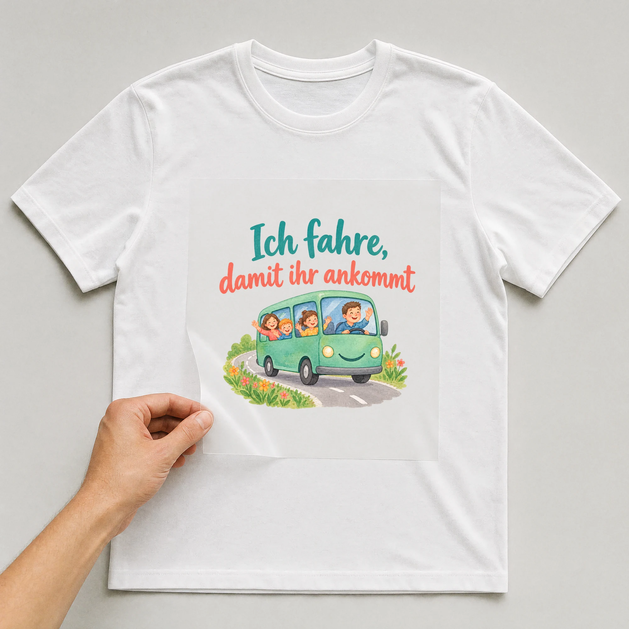 Bügelbild „Ich fahre, damit ihr ankommt“ auf weißem T-Shirt, Folie wird aufgelegt