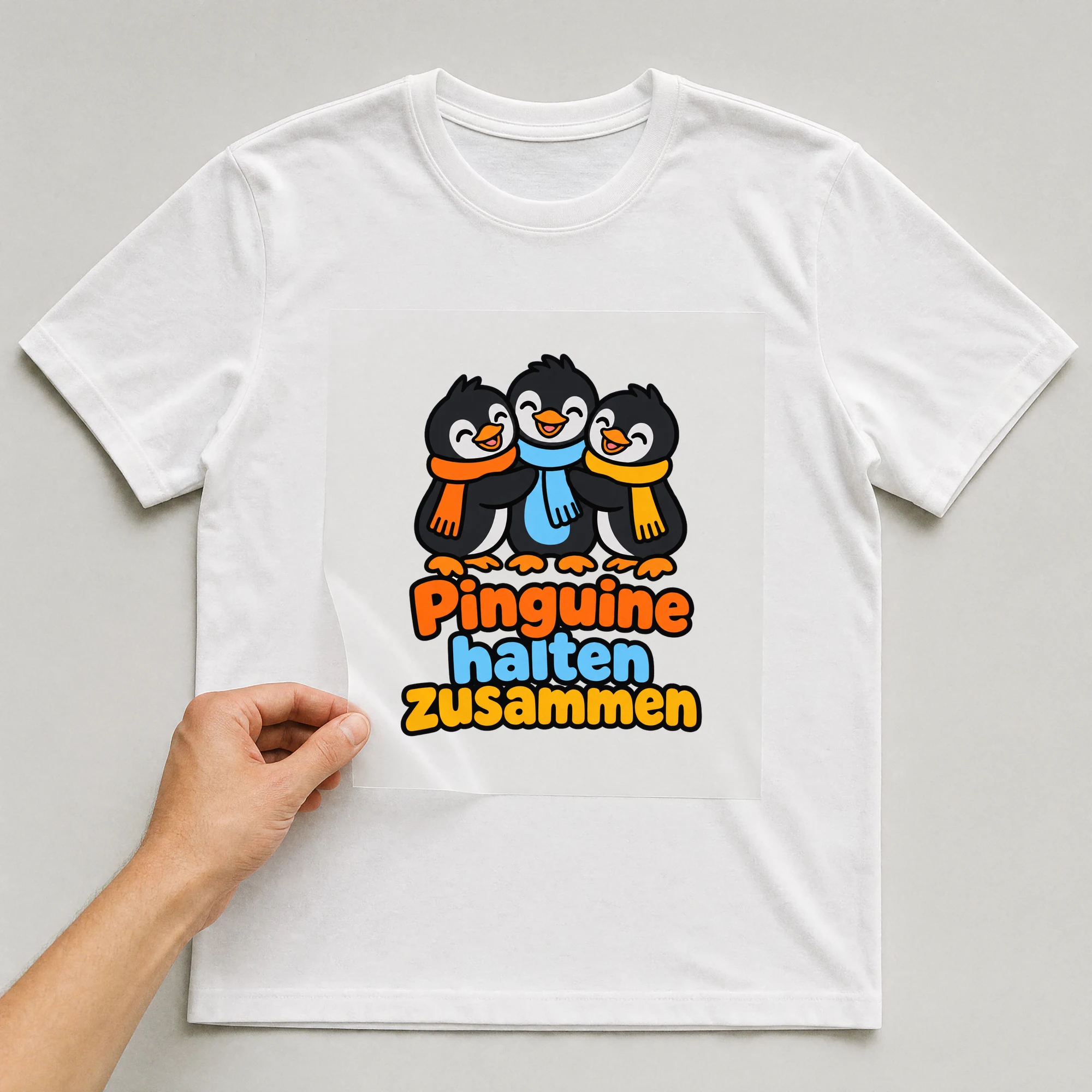 Bügelbild „Pinguine halten zusammen“ auf weißem T-Shirt, Folie wird aufgelegt