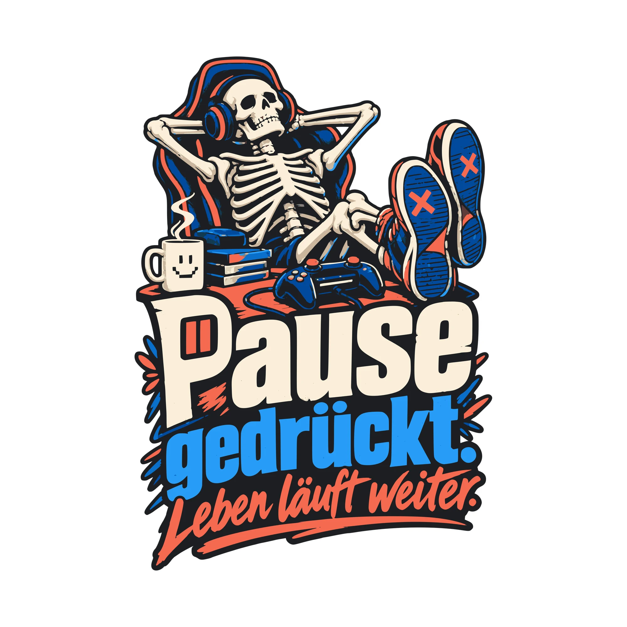 Bügelbild Pause gedrückt. Leben läuft weiter. als Grafik auf weißem Hintergrund (BB011117)