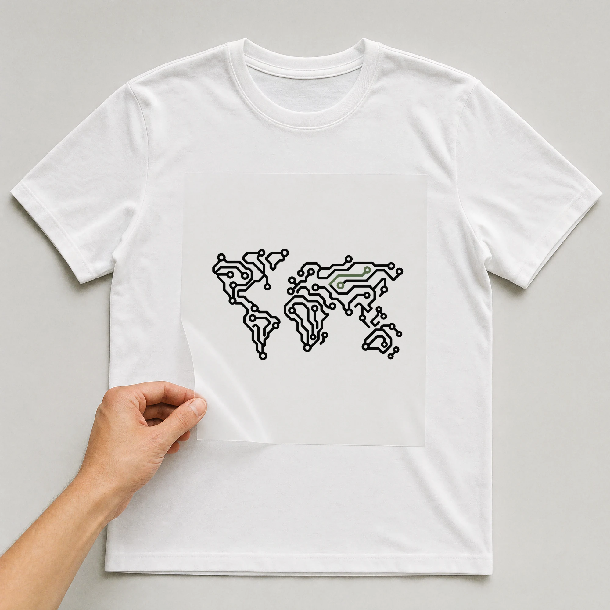 Bügelbild „Platine Weltkarte“ auf weißem T-Shirt, Folie wird aufgelegt