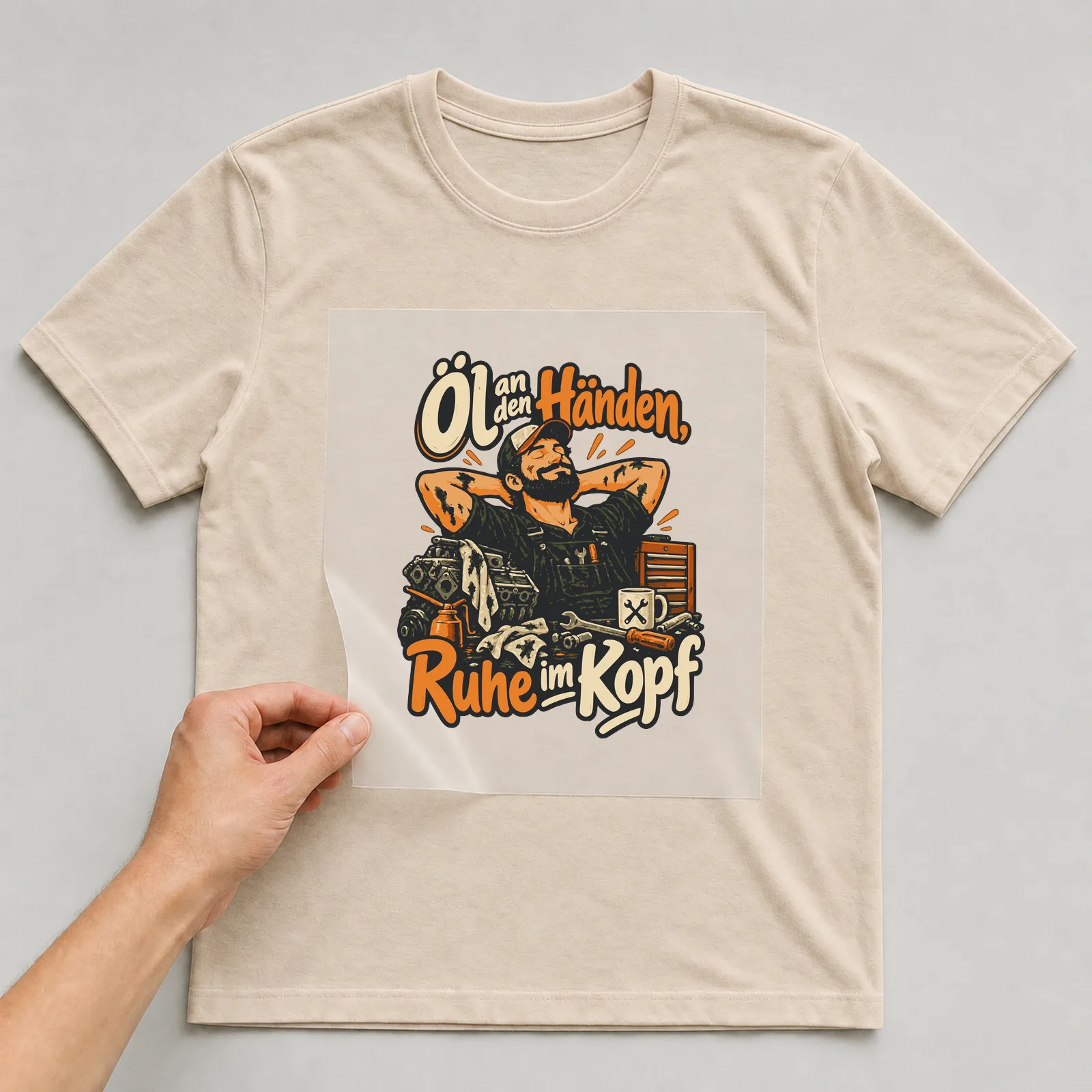 Bügelbild Öl an den Händen, Ruhe im Kopf auf beigem T-Shirt, Folie wird aufgelegt