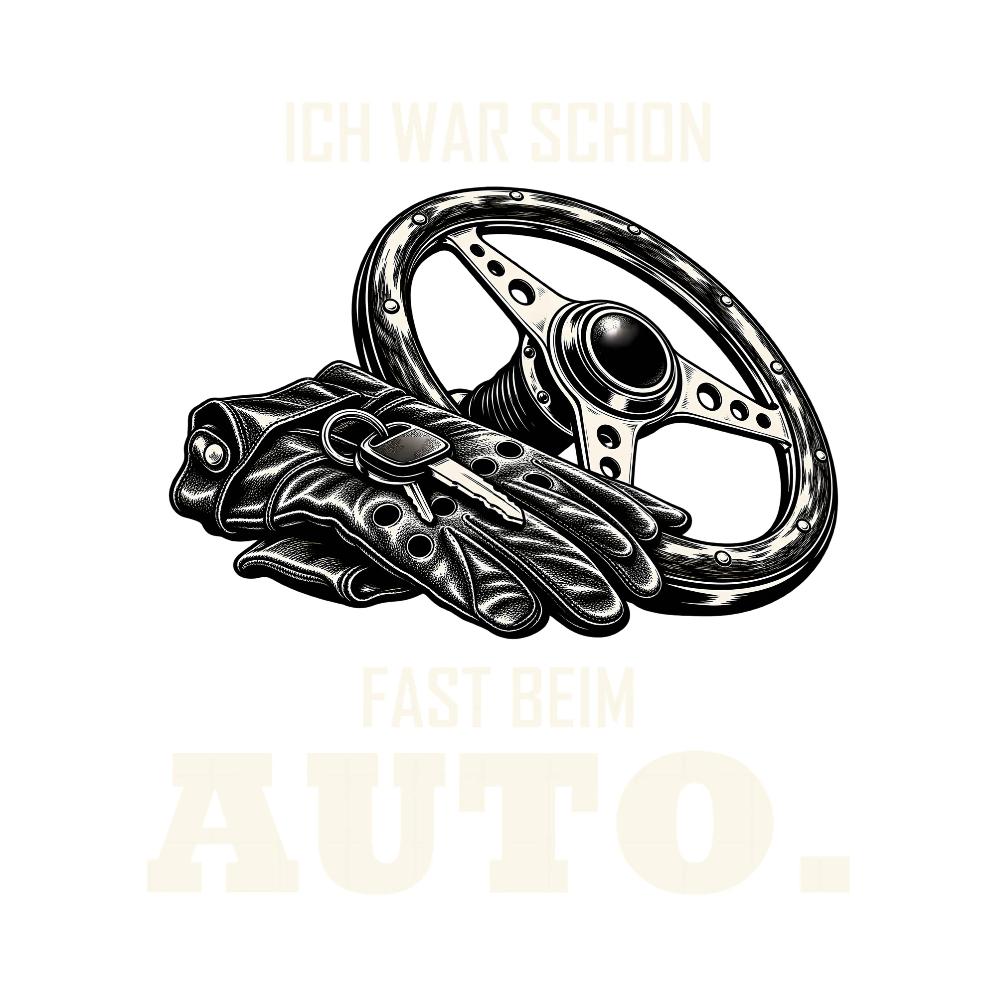 Bügelbild ICH WAR SCHON FAST BEIM AUTO. als Grafik auf weißem Hintergrund (BB012688)